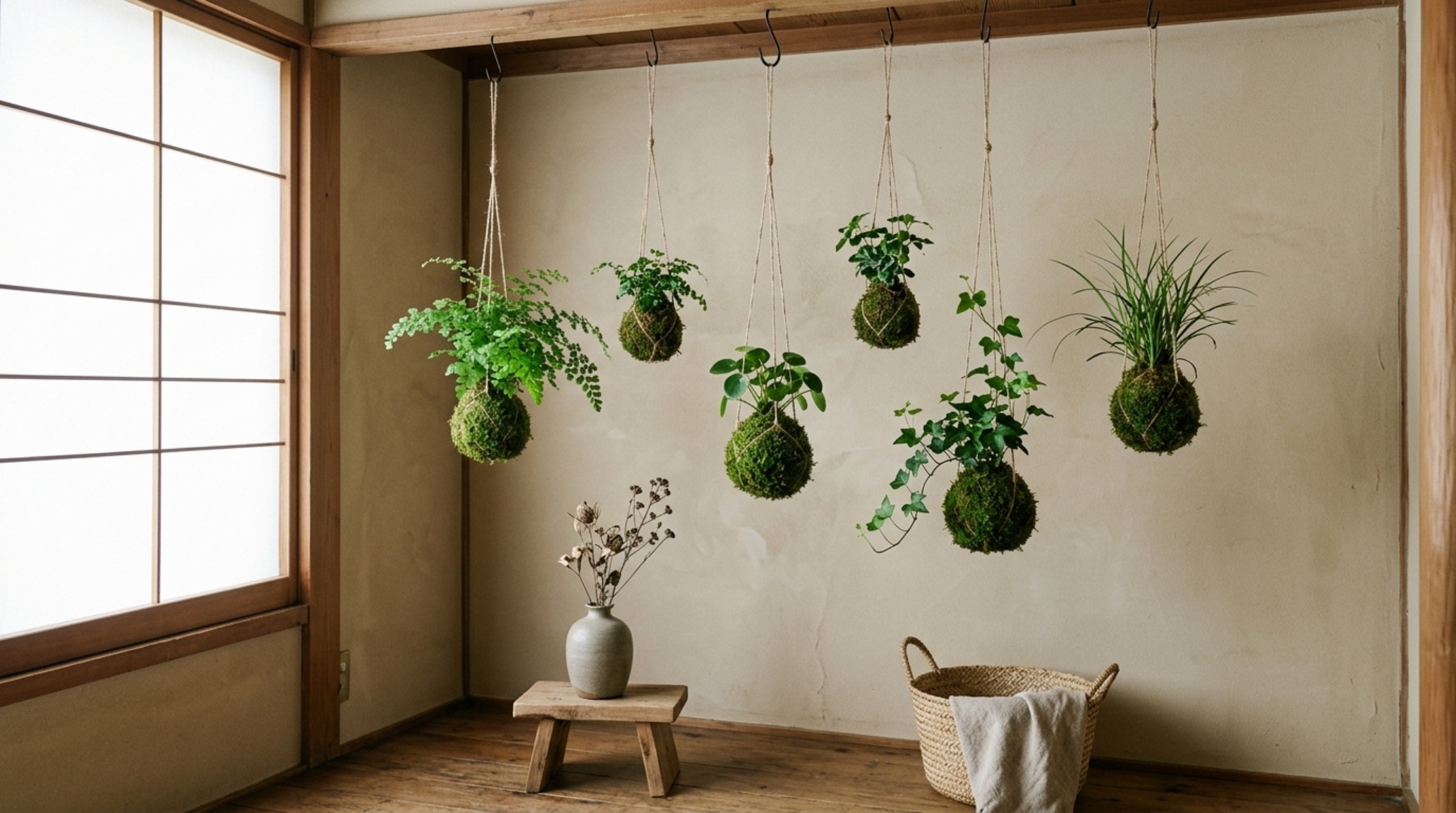 small space indoor plant decoration ideas with a hanging kokedama string garden in a minimalist reading nook