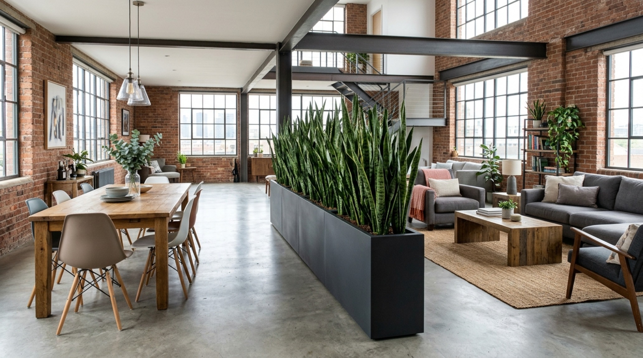 modern indoor plant decoration ideas ideas focusing on a linear row of Sansevieria as a soft room divider in an open-plan loft