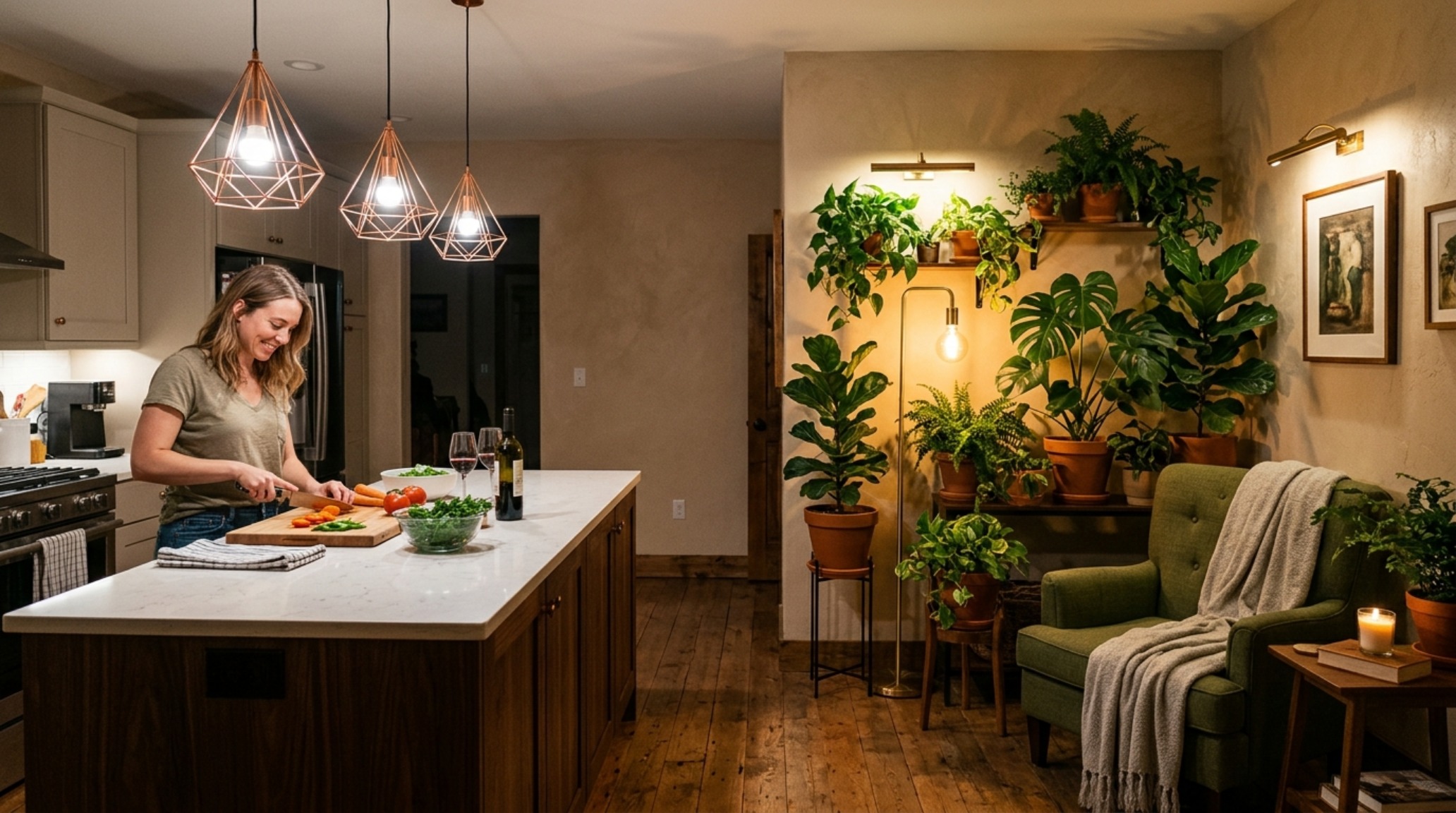 indoor plant decoration ideas lighting guide highlighting the contrast between 3000K task lighting and 2700K accent lighting on greenery