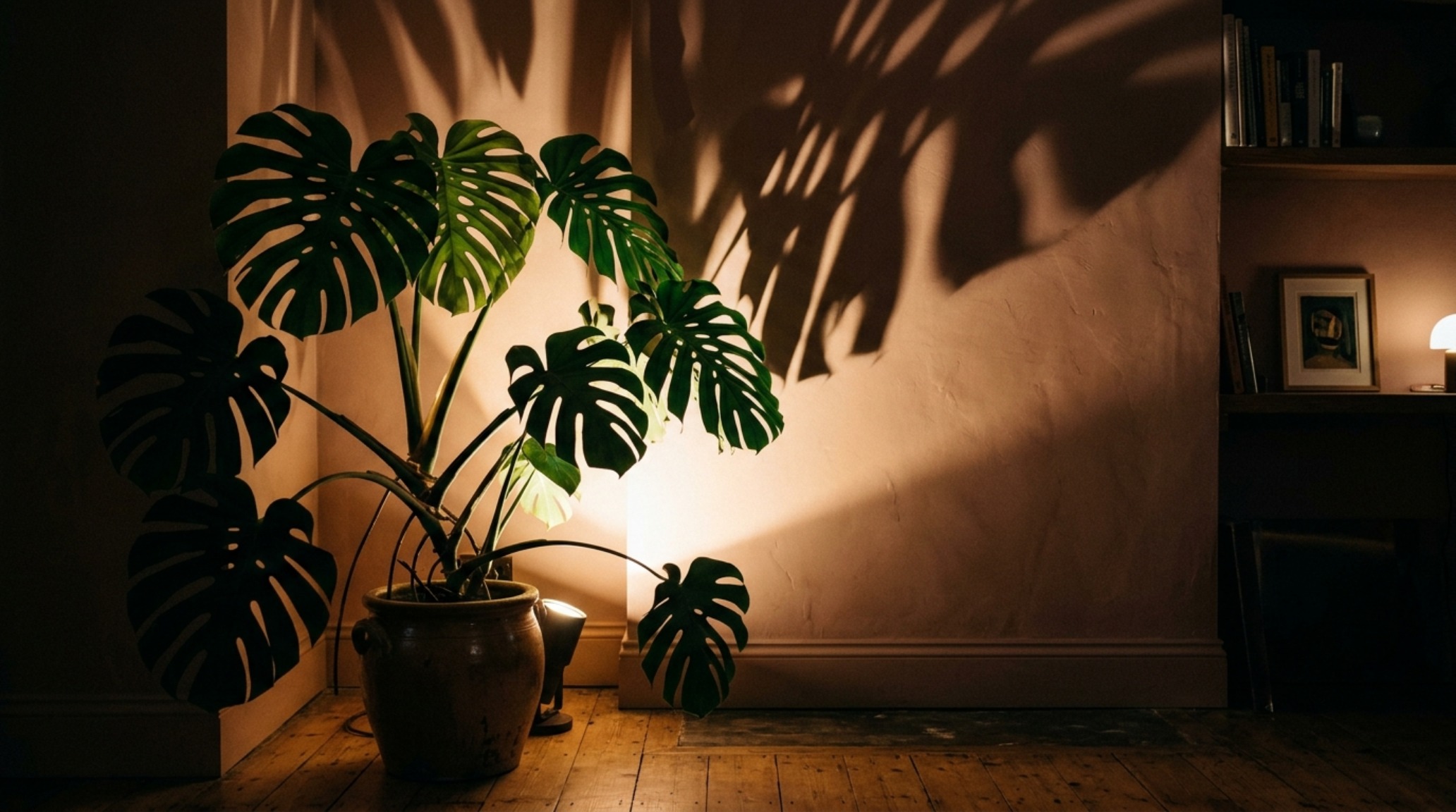 indoor plant decoration ideas lighting guide demonstrating a recessed floor uplight casting shadows of a Monstera against a lime-wash wall