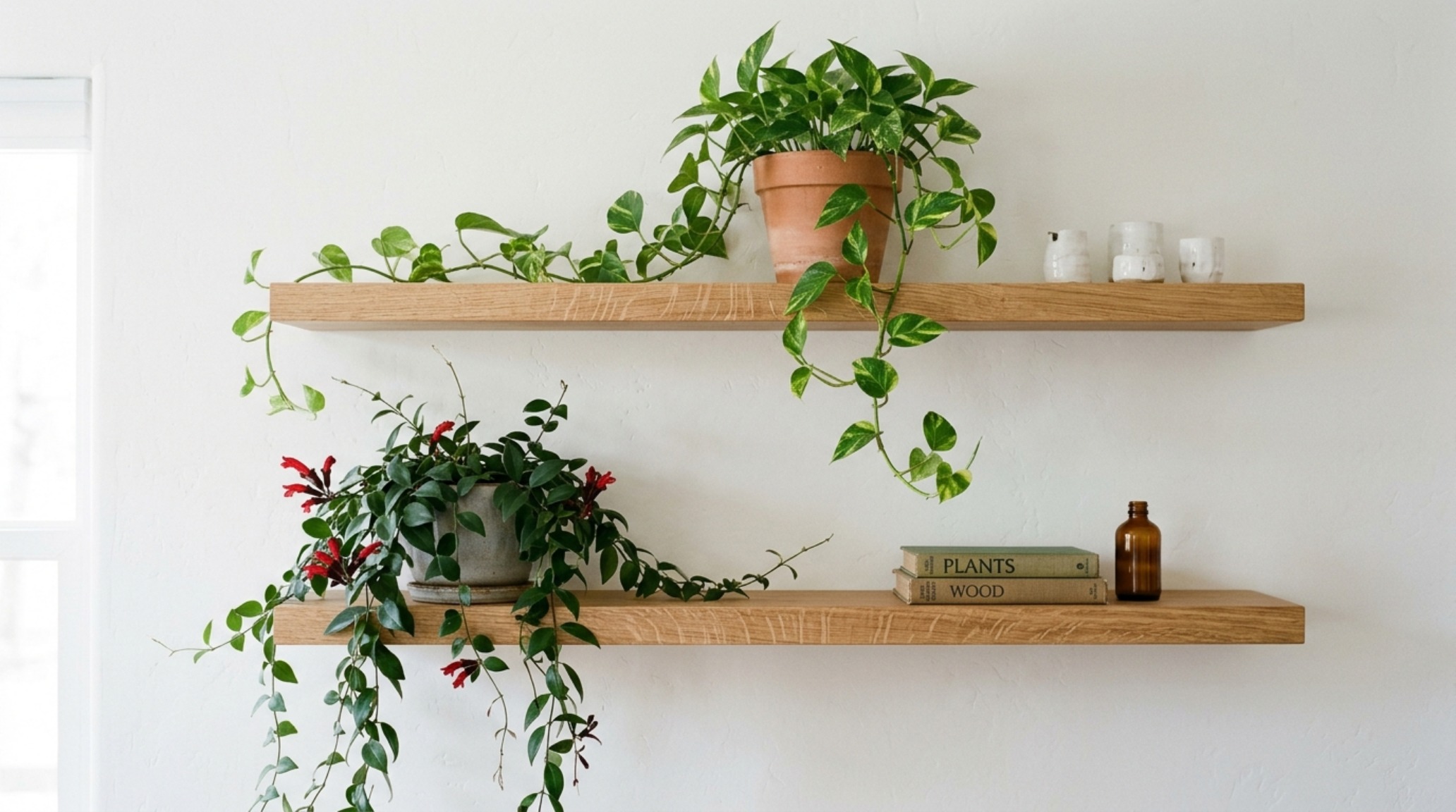 small space indoor plant decoration ideas showing floating white oak shelves with trailing Pothos to maximize floor square footage