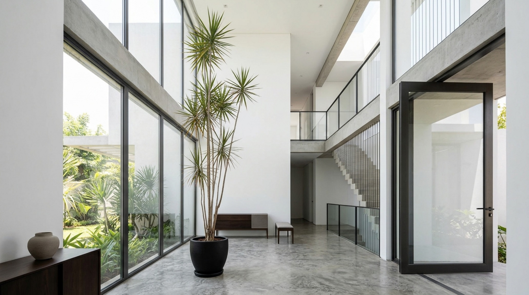 modern indoor plant decoration ideas ideas utilizing a sculptural Dracaena to define vertical volume in a double-height living room