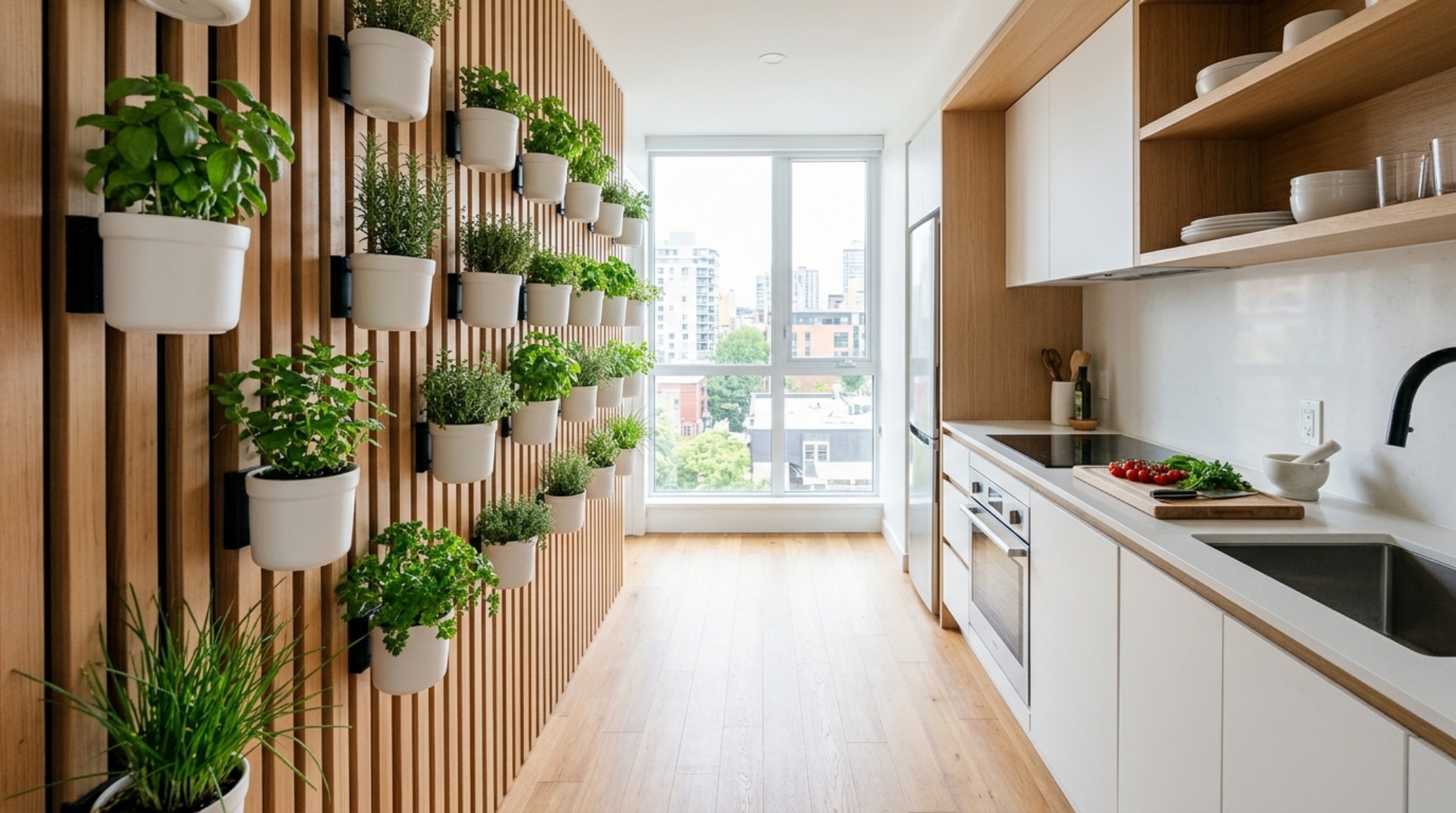 small space indoor plant decoration ideas with vertical wall-mounted planters in a compact urban kitchen