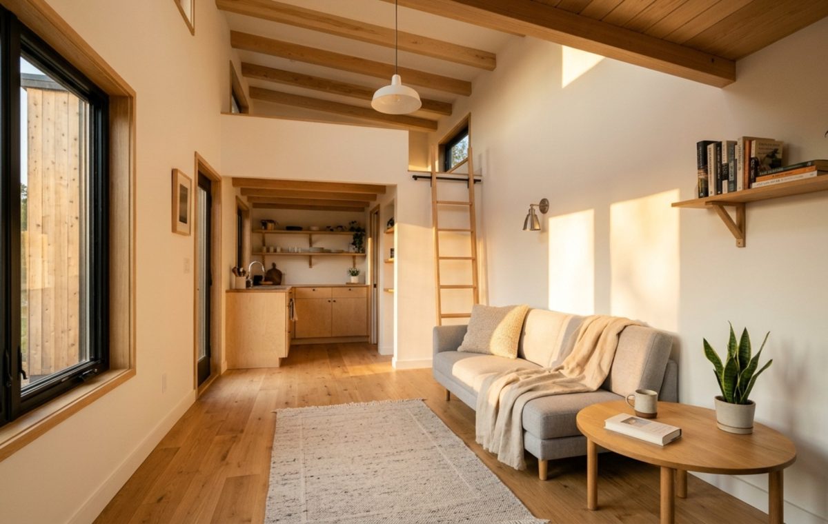 Small space inexpensive house living area featuring an open-concept layout with wide-plank white oak floors and natural sunlight streaming through floor-to-ceiling windows.