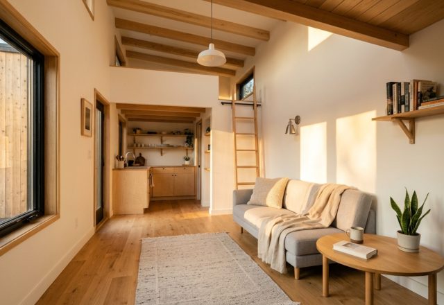 Small space inexpensive house living area featuring an open-concept layout with wide-plank white oak floors and natural sunlight streaming through floor-to-ceiling windows.