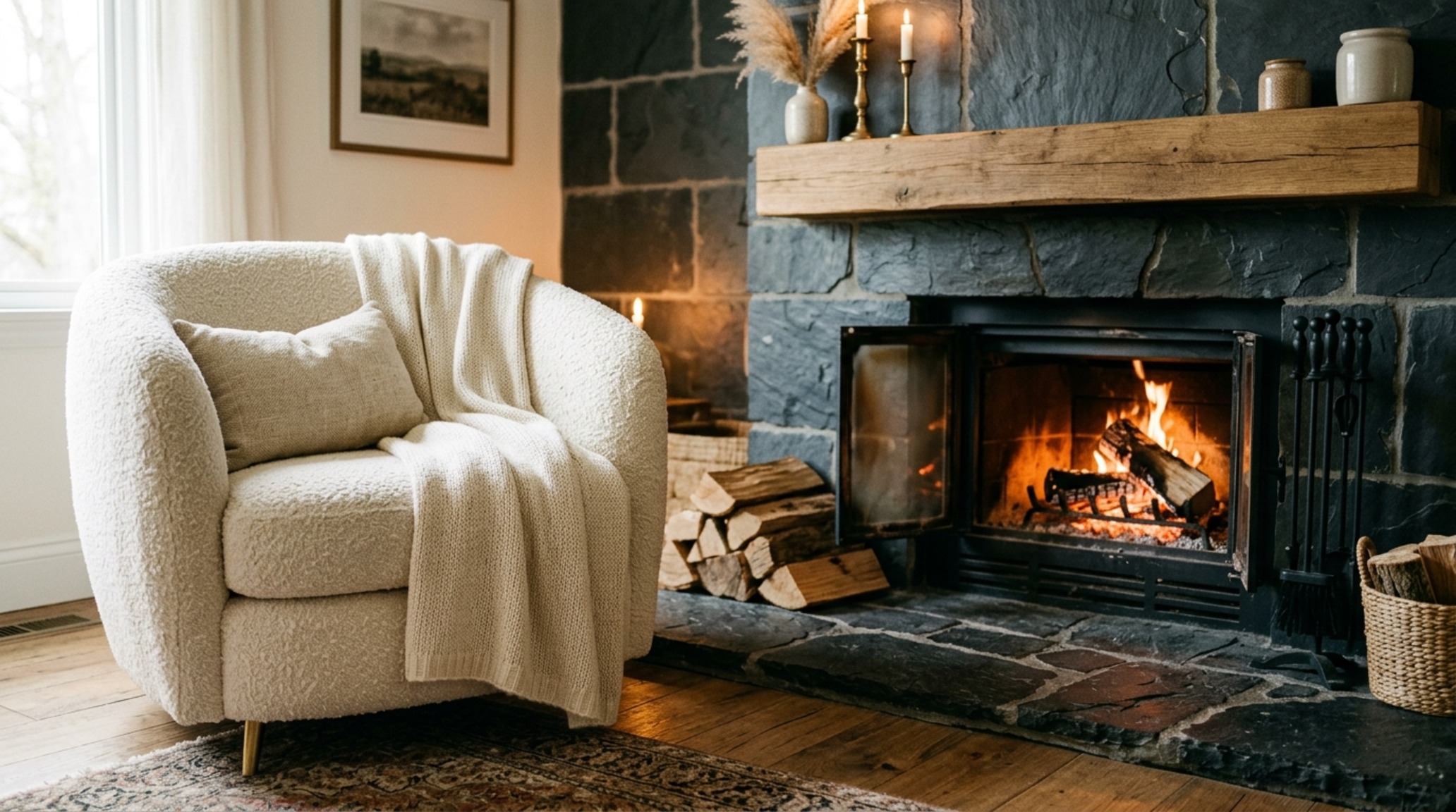 Luxury inexpensive house textures highlighting a mix of bouclé upholstery and dark charcoal slate floor tiles for a high-contrast tactile experience.
