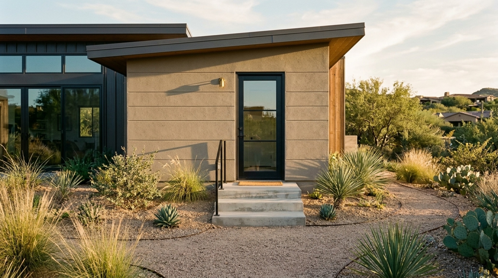 Modern inexpensive house ideas for an exterior transition featuring a simple gravel patio and black-framed glass doors that merge indoor and outdoor living.