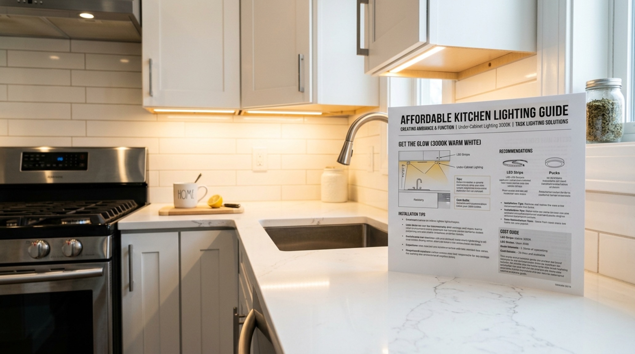 Inexpensive house lighting guide for a galley kitchen highlighting 3000K task lighting focused on a quartz countertop with zero-radius edges.