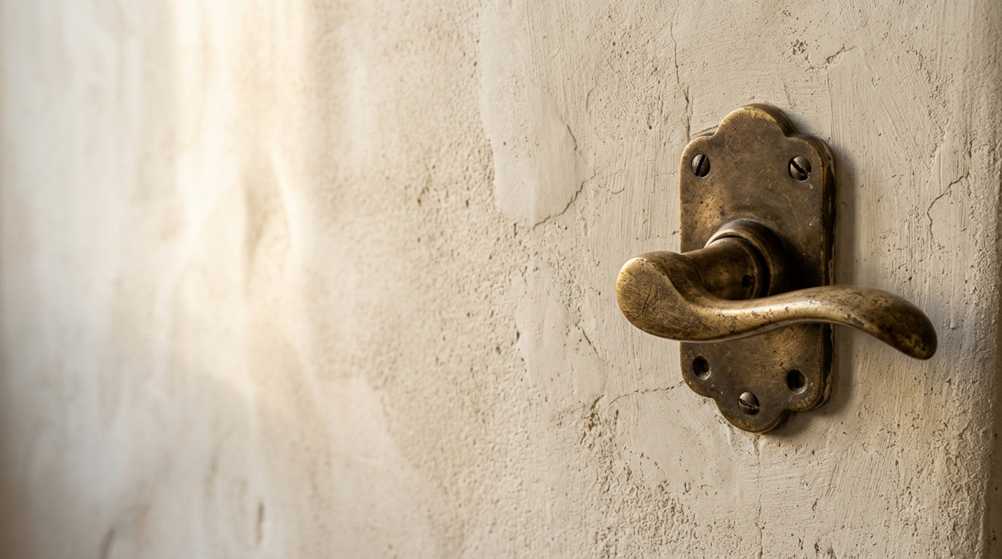 Luxury inexpensive house textures showcased in a close-up of a lime-washed wall paired with a solid brass unlacquered handle and textured linen drapes.