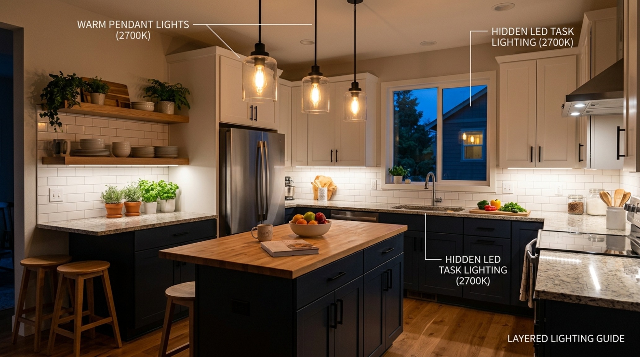 Inexpensive house lighting guide application using 2700K warm LED strips under kitchen cabinetry and a matte black directional sconce over a minimalist workspace.