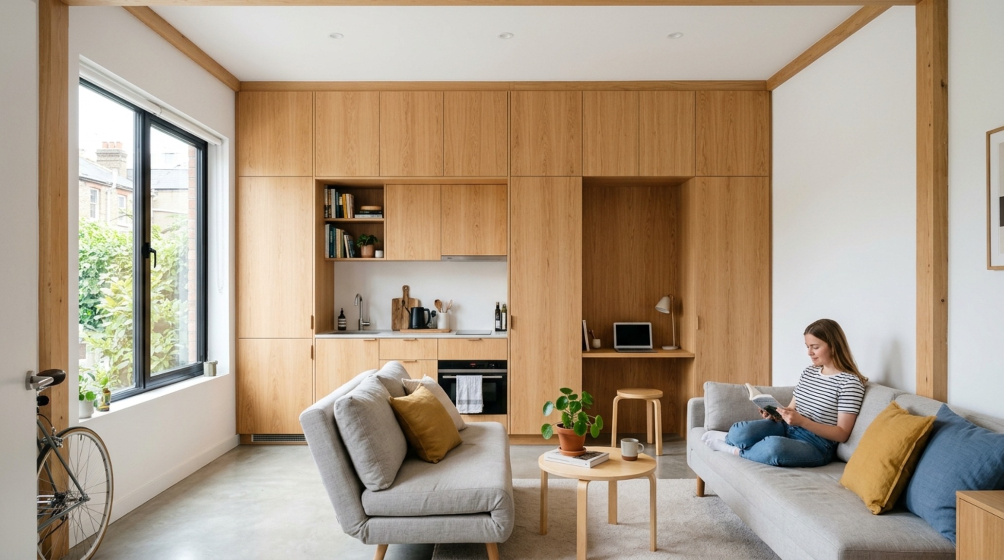 Modern inexpensive house ideas including a built-in floor-to-ceiling storage wall in a neutral greige finish to maximize vertical square footage.