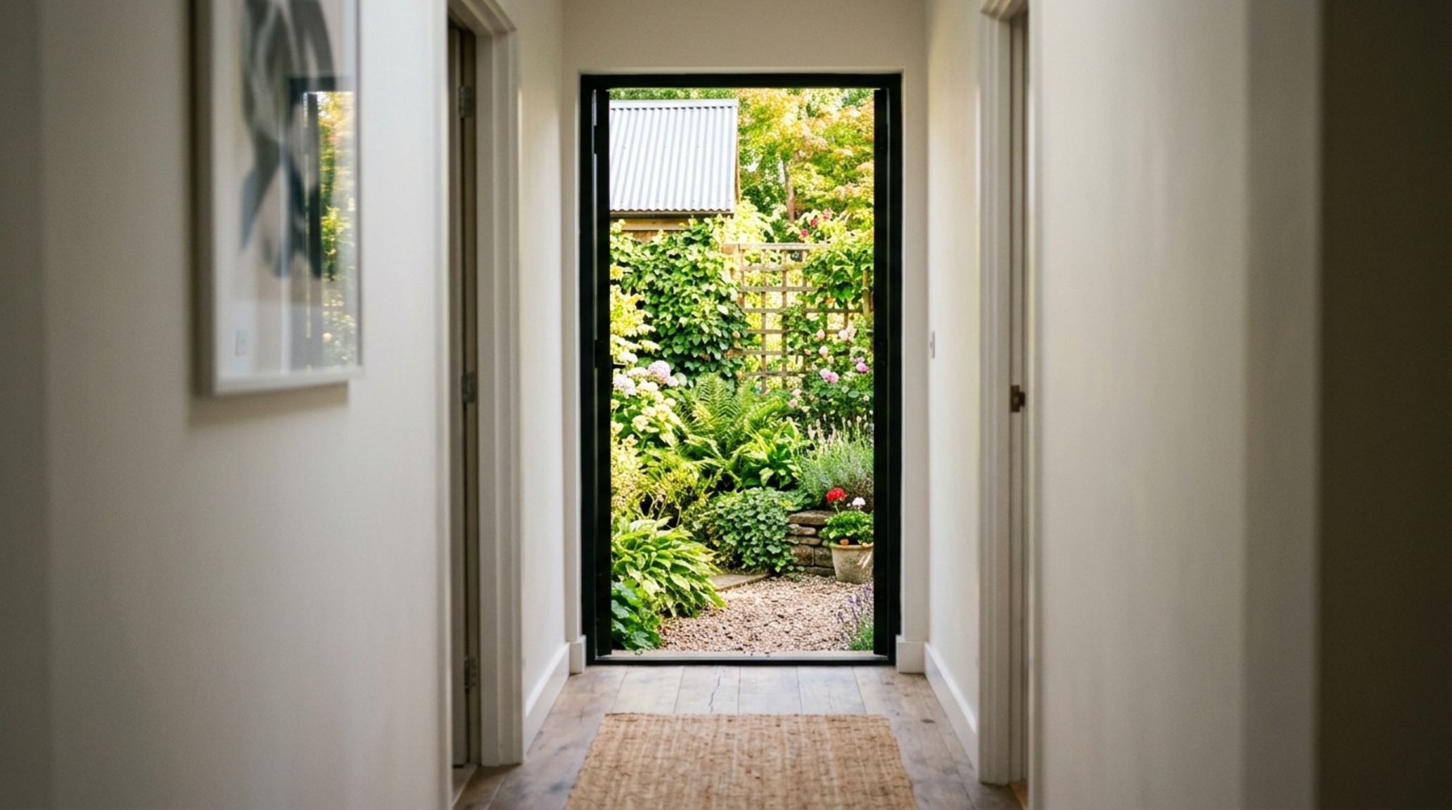 Small space inexpensive house hallway with a 48-inch wide clearance and a direct sightline to an outdoor courtyard, creating a sense of infinite space.
