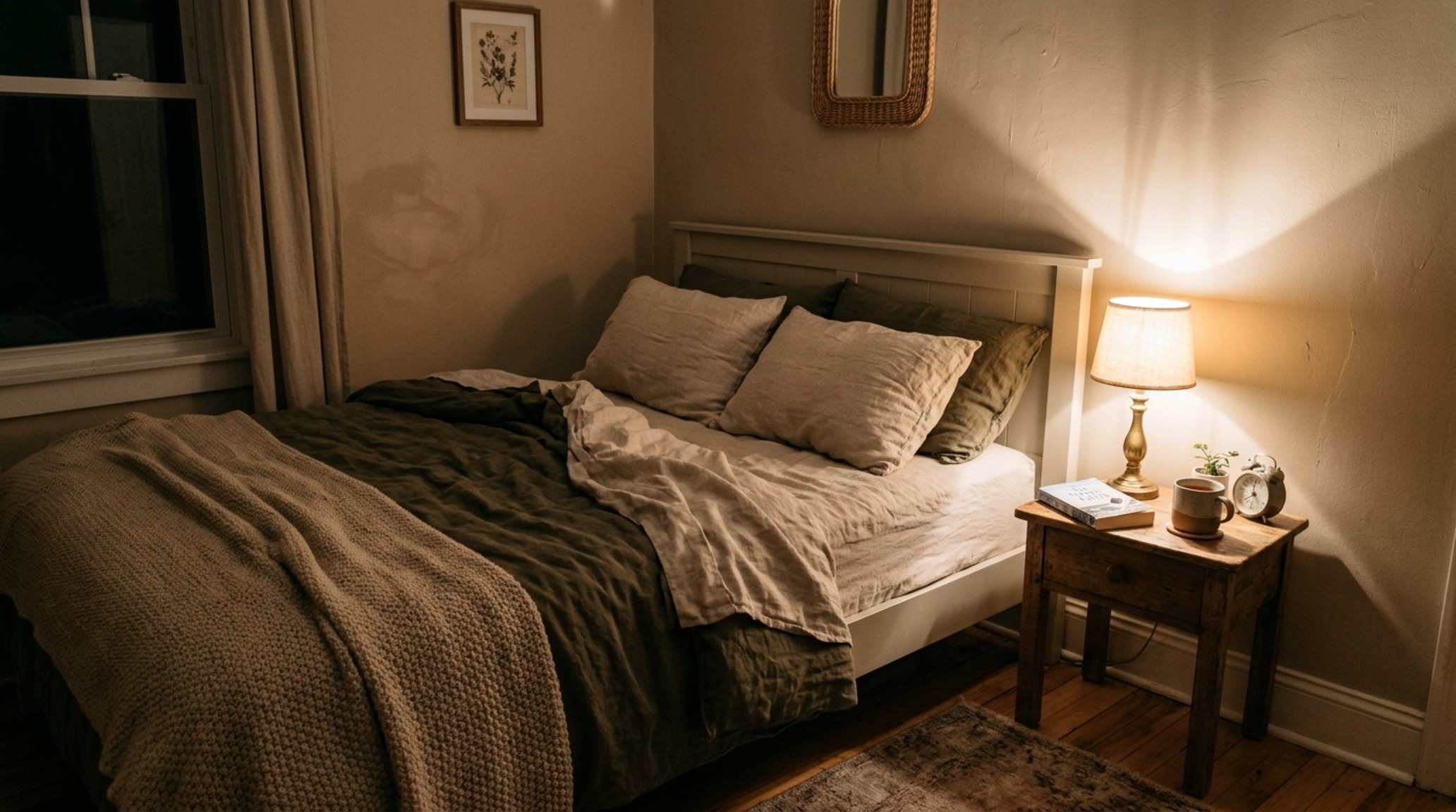 Inexpensive house lighting guide showing the use of soft ambient floor lamps to create pools of light in a minimalist master bedroom.