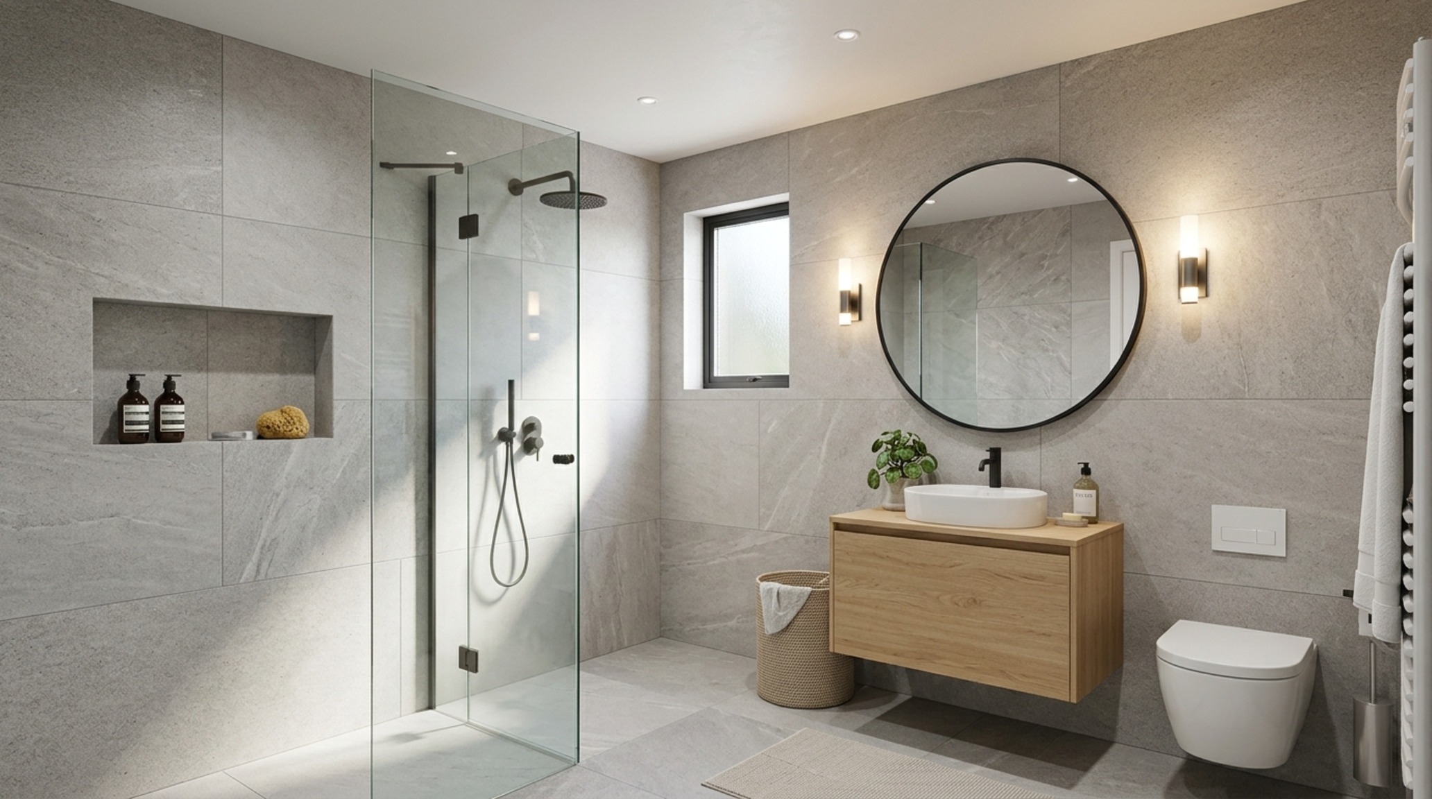 Small space inexpensive house bathroom with oversized 24x48 porcelain tiles that mimic natural stone to reduce grout lines and expand visual volume.