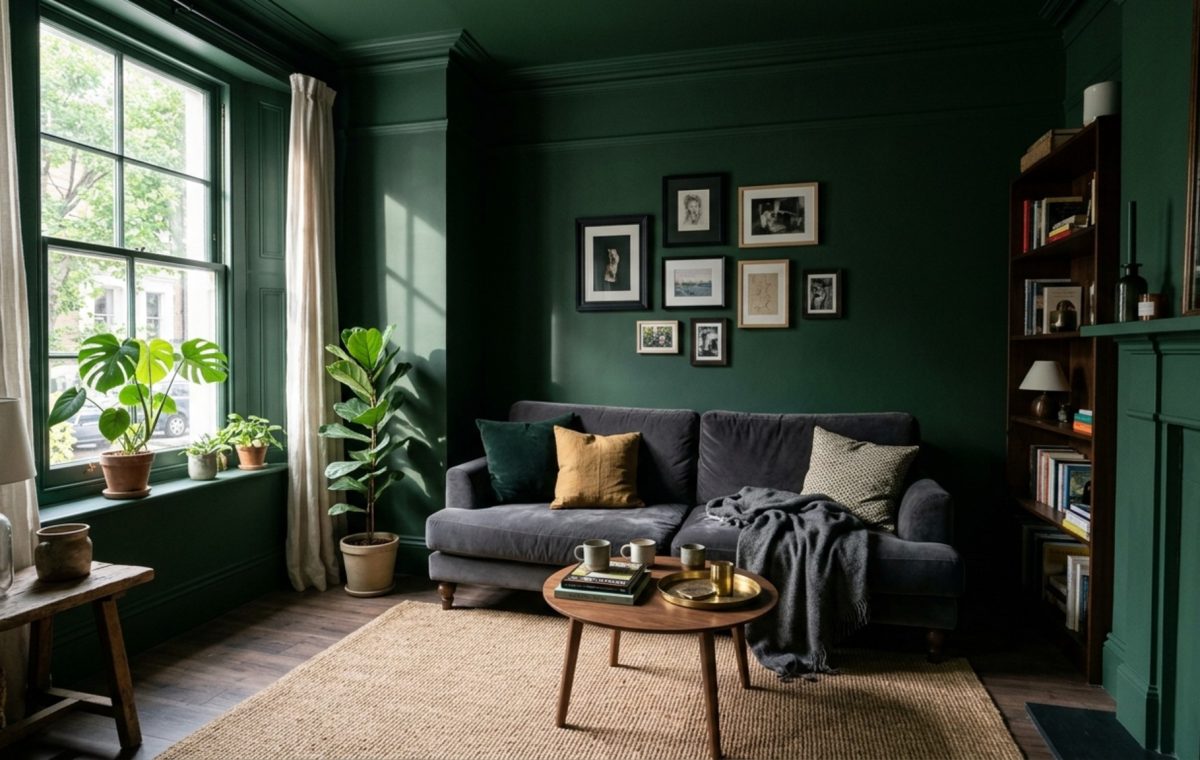 small apartment living room decor featuring deep emerald color-drenched walls and a low-slung velvet sofa with 18-inch coffee table clearance
