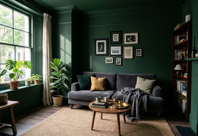 small apartment living room decor featuring deep emerald color-drenched walls and a low-slung velvet sofa with 18-inch coffee table clearance