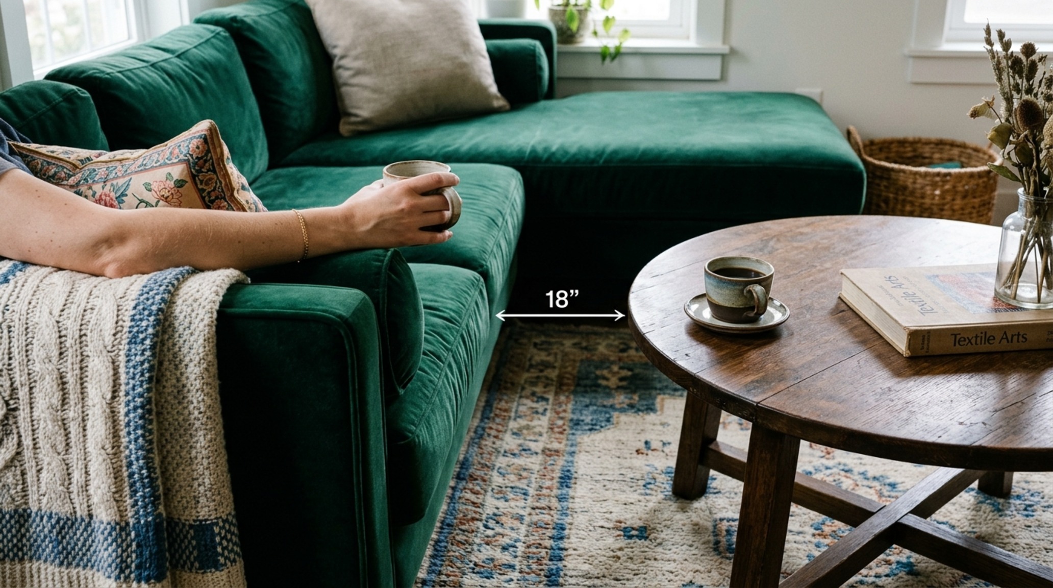 small apartment living room decor with a focus on tactile grounding through bouclé upholstery and dark-stained oak flooring