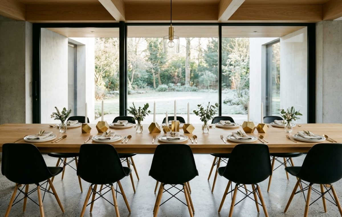 minimalist festive tablescapes featuring geometric brass candle holders and white ceramic plates on a slim rift-sawn oak table with 70cm seating clearance