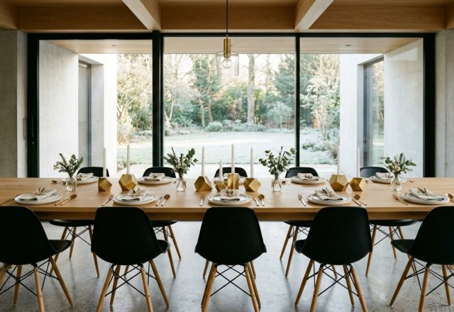 minimalist festive tablescapes featuring geometric brass candle holders and white ceramic plates on a slim rift-sawn oak table with 70cm seating clearance