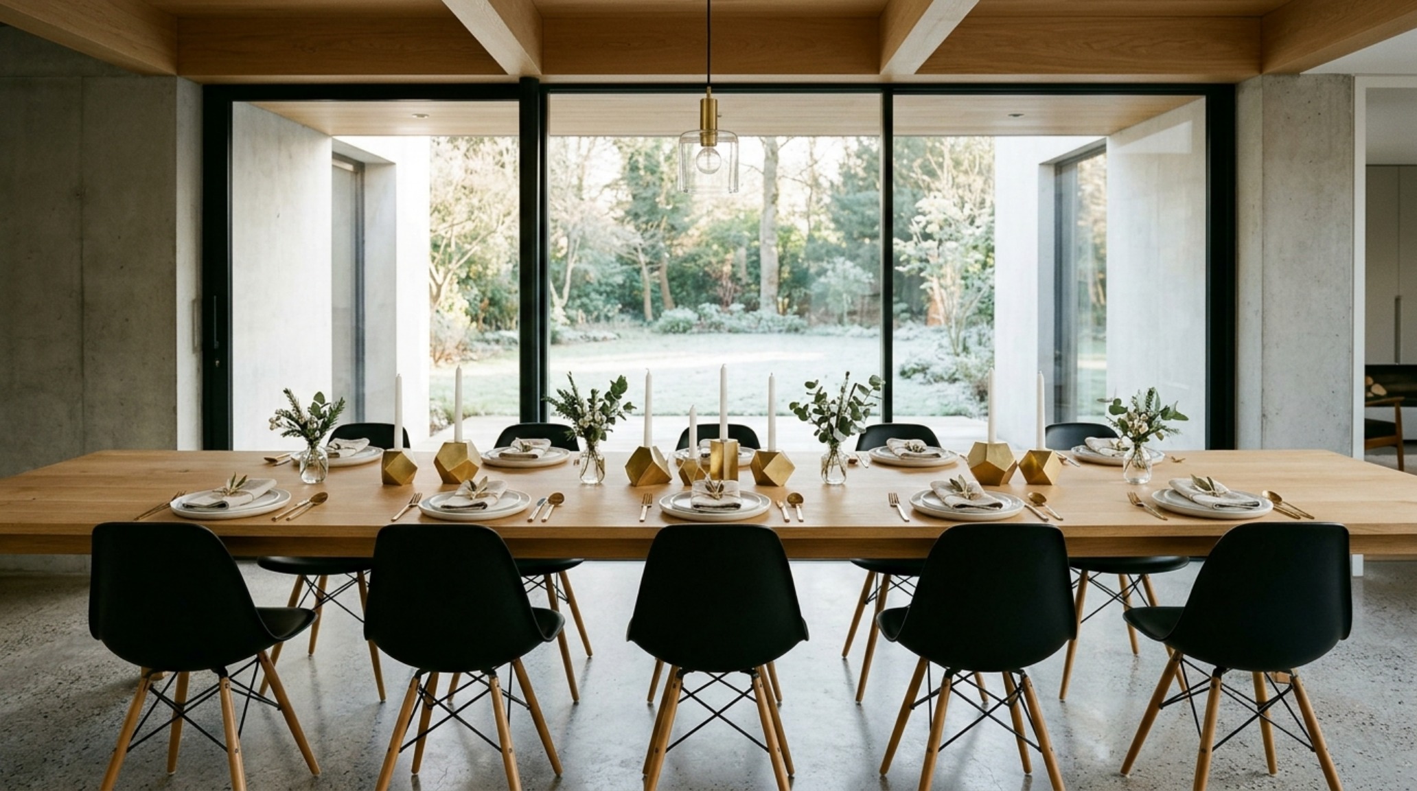 minimalist festive tablescapes featuring geometric brass candle holders and white ceramic plates on a slim rift-sawn oak table with 70cm seating clearance minimalist festive tablescapes featuring geometric brass candle holders and white ceramic plates on a slim rift-sawn oak table with 70cm seating clearance