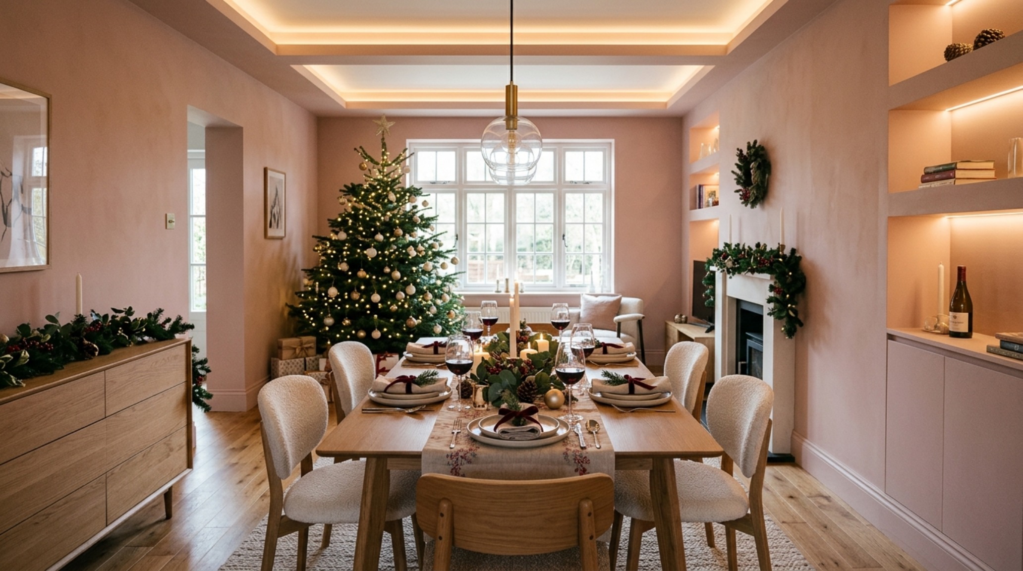 christmas dining room styling with Farrow and Ball Setting Plaster walls and integrated 3000K task lighting over the dining zone christmas dining room styling with Farrow and Ball Setting Plaster walls and integrated 3000K task lighting over the dining zone