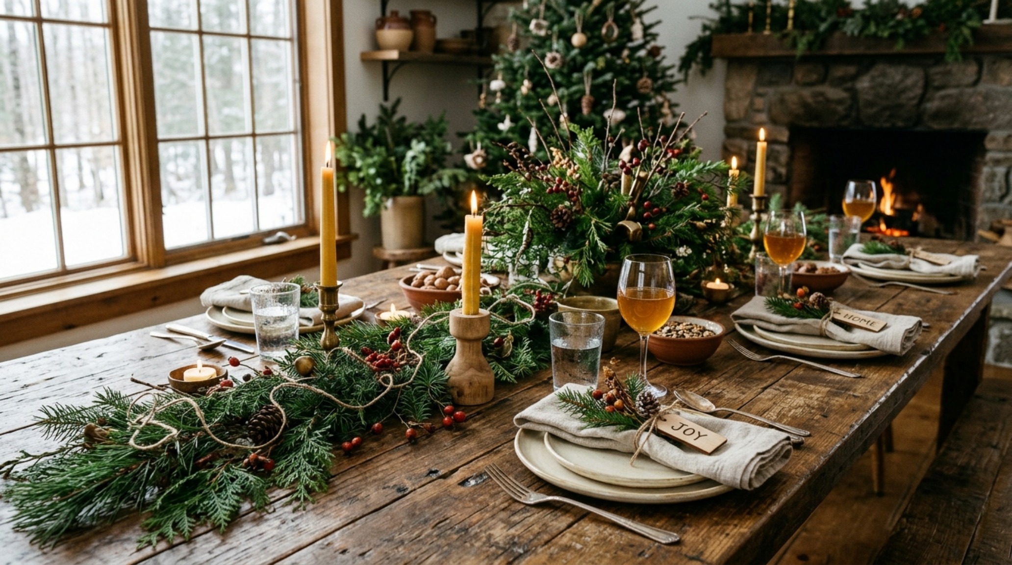 rustic holiday table settings using foraged evergreen boughs and raw wood textures for an organic brutalist aesthetic rustic holiday table settings using foraged evergreen boughs and raw wood textures for an organic brutalist aesthetic