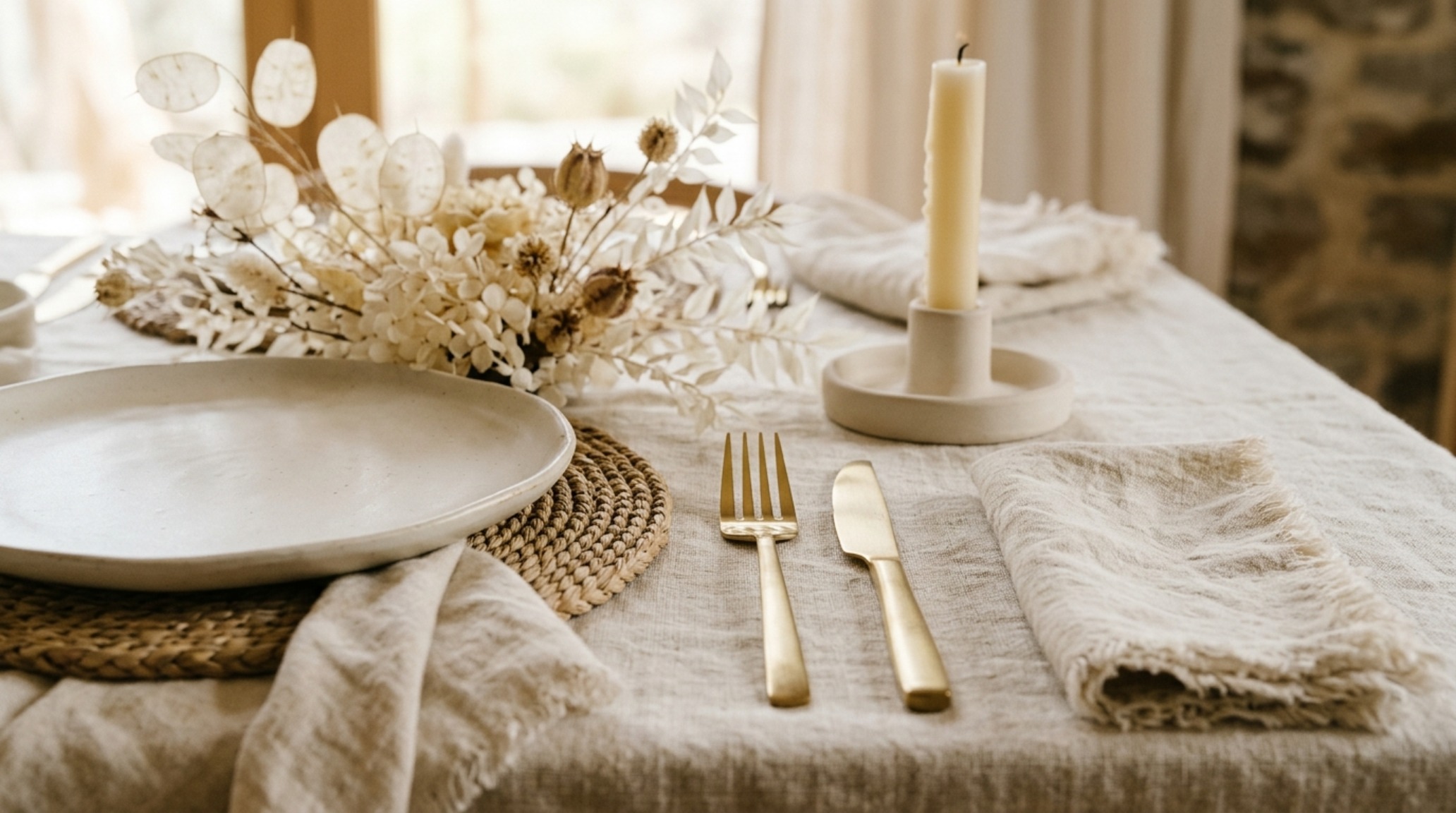 minimalist festive tablescapes with monochrome cream-on-cream textures and subtle matte gold cutlery accents minimalist festive tablescapes with monochrome cream-on-cream textures and subtle matte gold cutlery accents