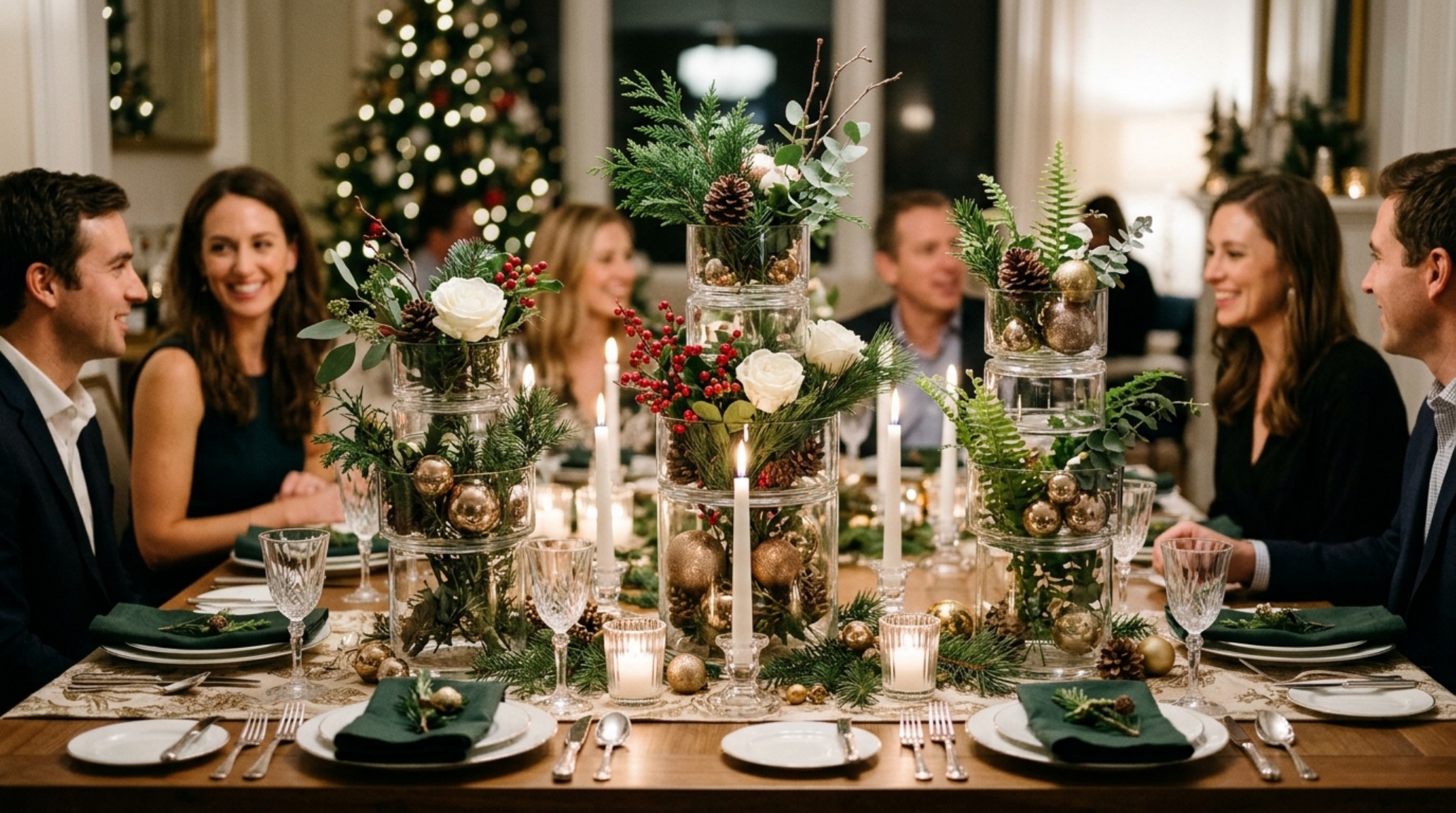 luxury holiday centerpieces with tiered heights and transparent glass elements to maintain clear sightlines across a compact dining table luxury holiday centerpieces with tiered heights and transparent glass elements to maintain clear sightlines across a compact dining table