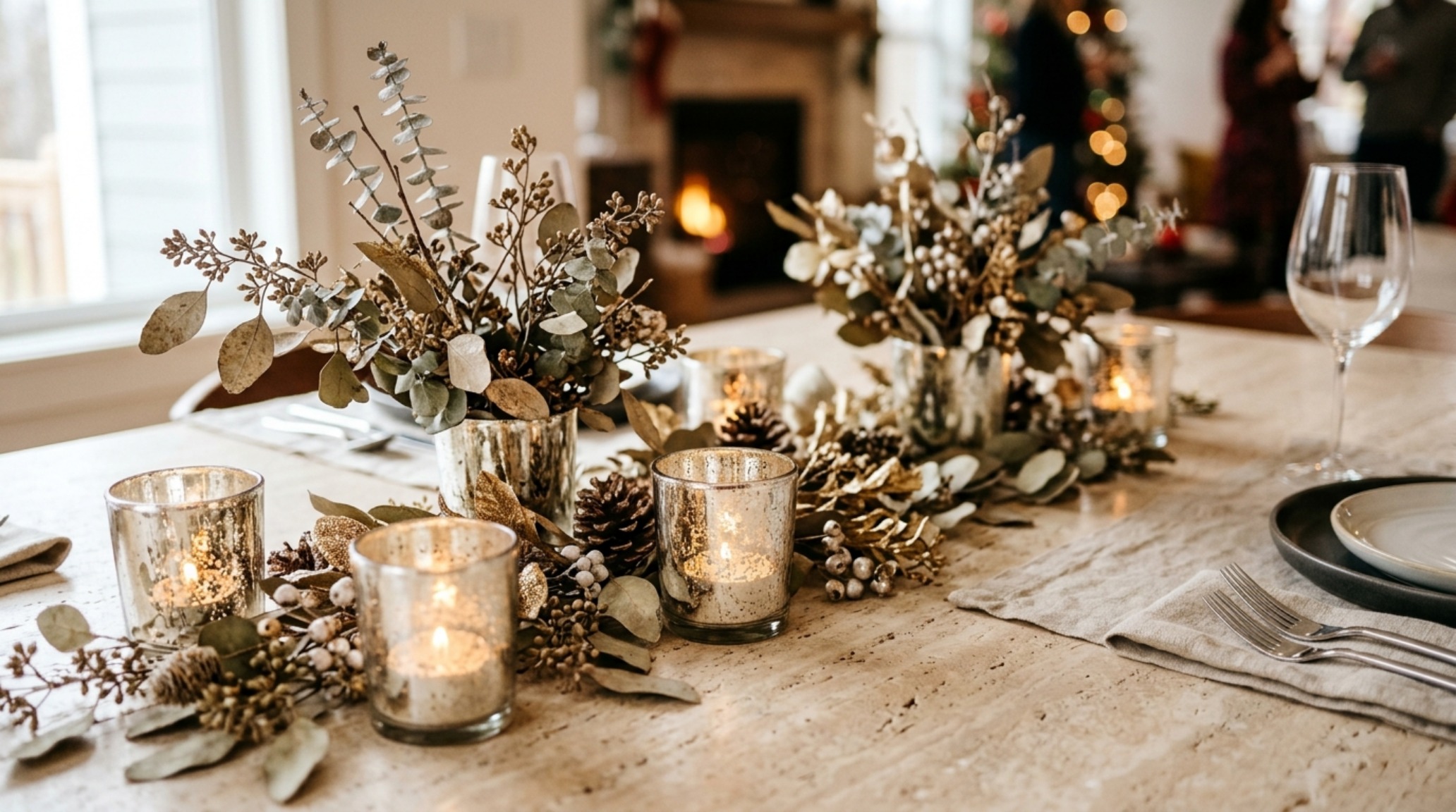 luxury holiday centerpieces with low-profile mercury glass votives and sculptural dried eucalyptus branches on a honed travertine dining table luxury holiday centerpieces with low-profile mercury glass votives and sculptural dried eucalyptus branches on a honed travertine dining table