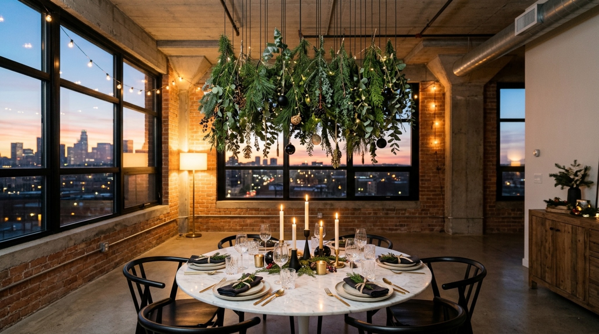 modern christmas table ideas showcasing vertical hanging greenery installations above a circular marble table in a compact urban loft modern christmas table ideas showcasing vertical hanging greenery installations above a circular marble table in a compact urban loft