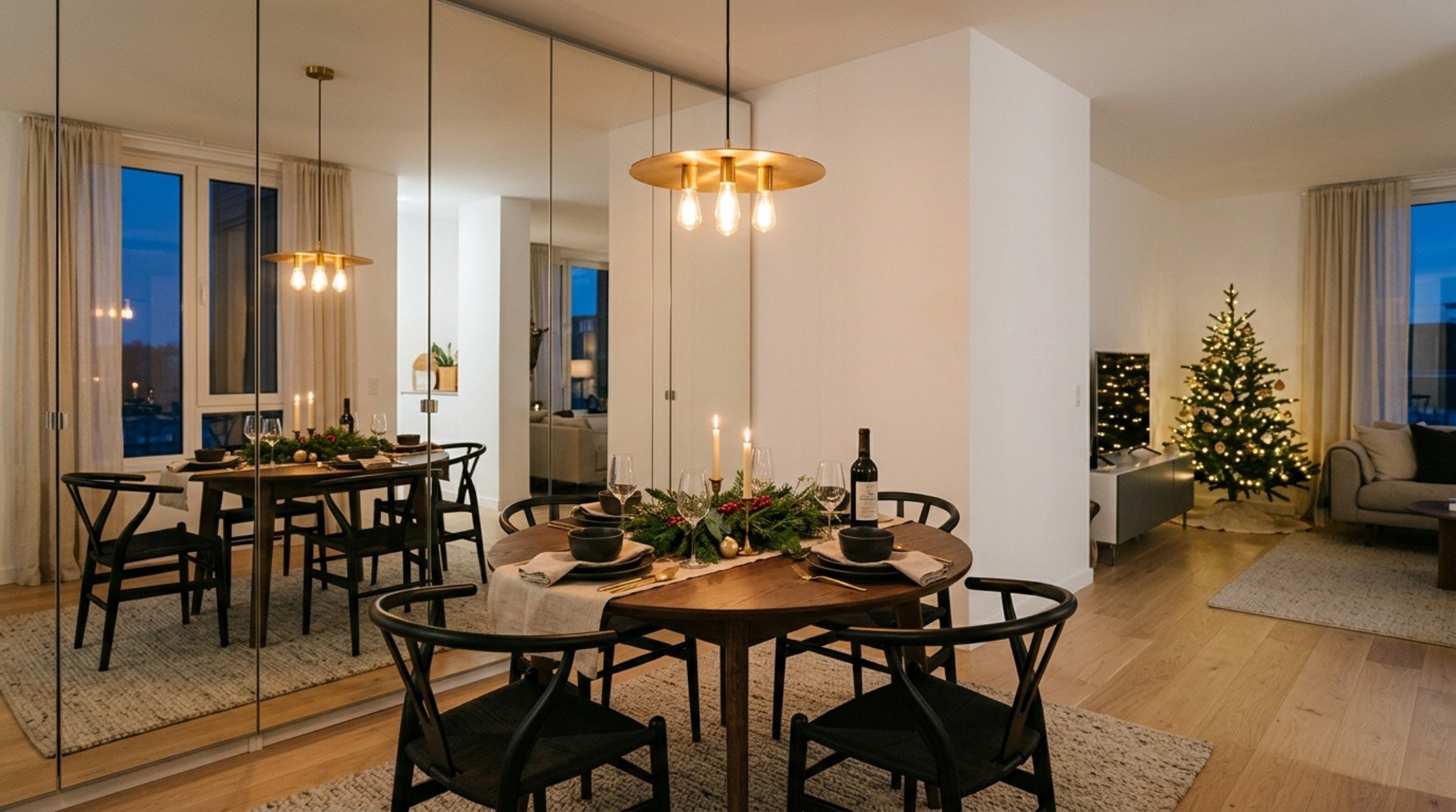 christmas dining room styling in a small apartment with mirrored wall panels reflecting a warm 2700K pendant light and 36-inch walkway clearances christmas dining room styling in a small apartment with mirrored wall panels reflecting a warm 2700K pendant light and 36-inch walkway clearances
