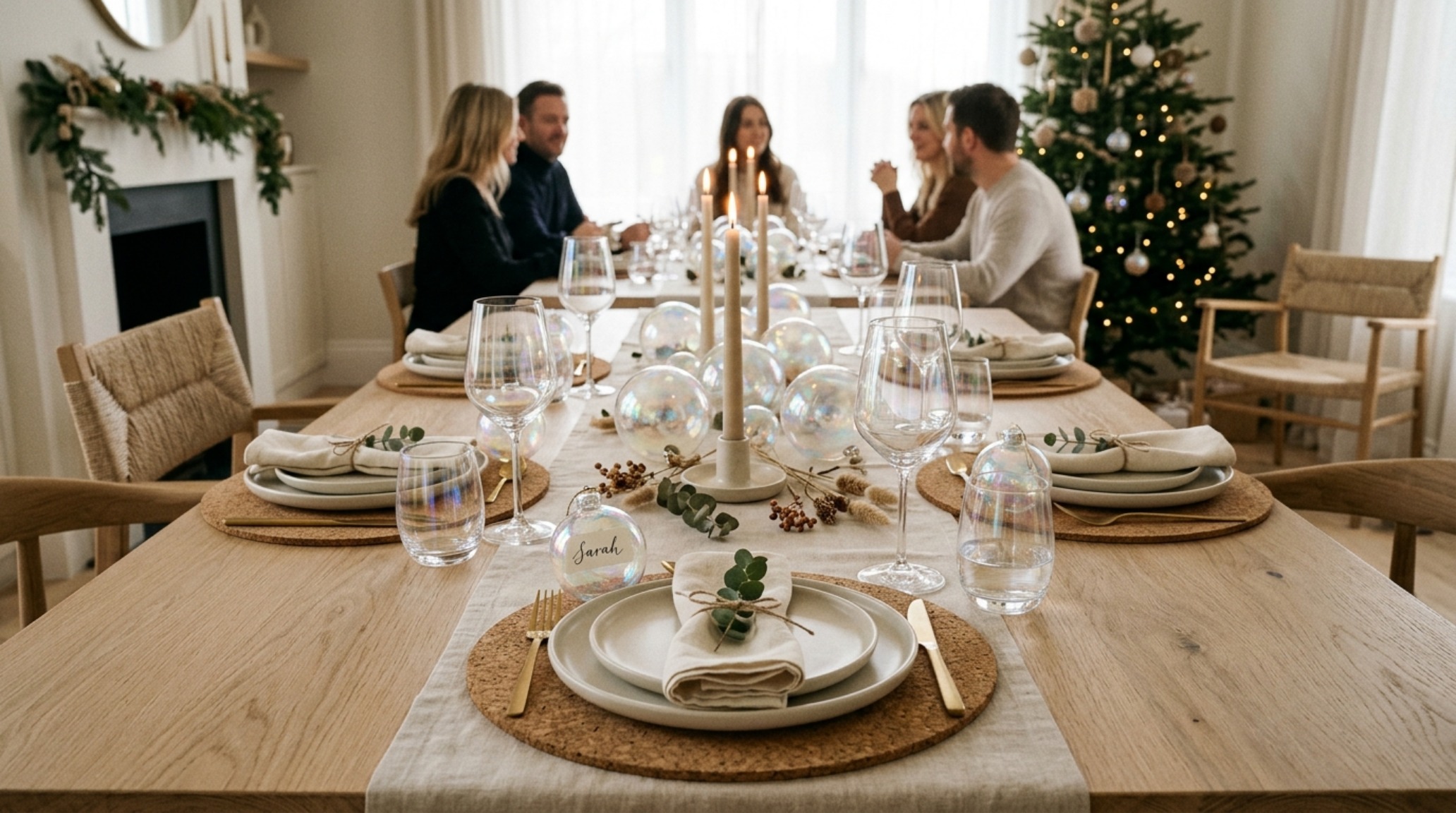 christmas table trends 2026 highlighting iridescent glass baubles and sustainable cork place mats on a minimalist white oak dining surface christmas table trends 2026 highlighting iridescent glass baubles and sustainable cork place mats on a minimalist white oak dining surface