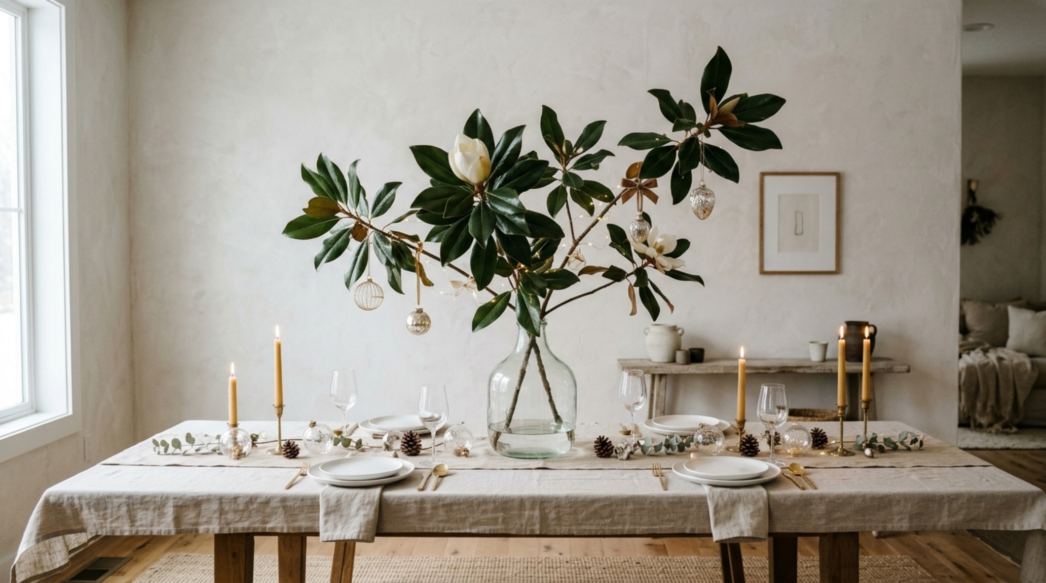 minimalist festive tablescapes with a single oversized magnolia branch and delicate glass ornaments in a high-ceilinged modern dining room minimalist festive tablescapes with a single oversized magnolia branch and delicate glass ornaments in a high-ceilinged modern dining room