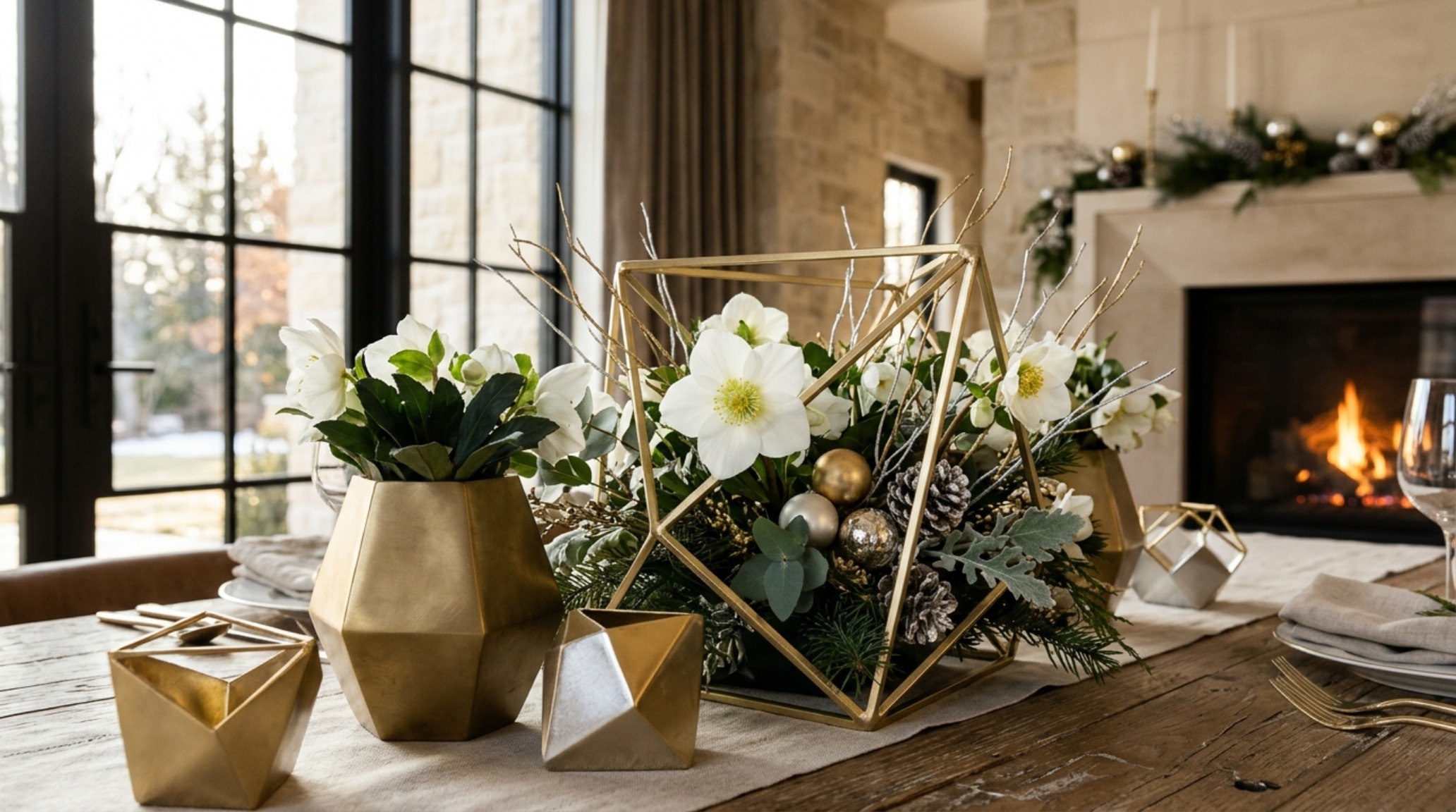luxury holiday centerpieces featuring mixed metallics and white hellebores in a structured geometric arrangement luxury holiday centerpieces featuring mixed metallics and white hellebores in a structured geometric arrangement