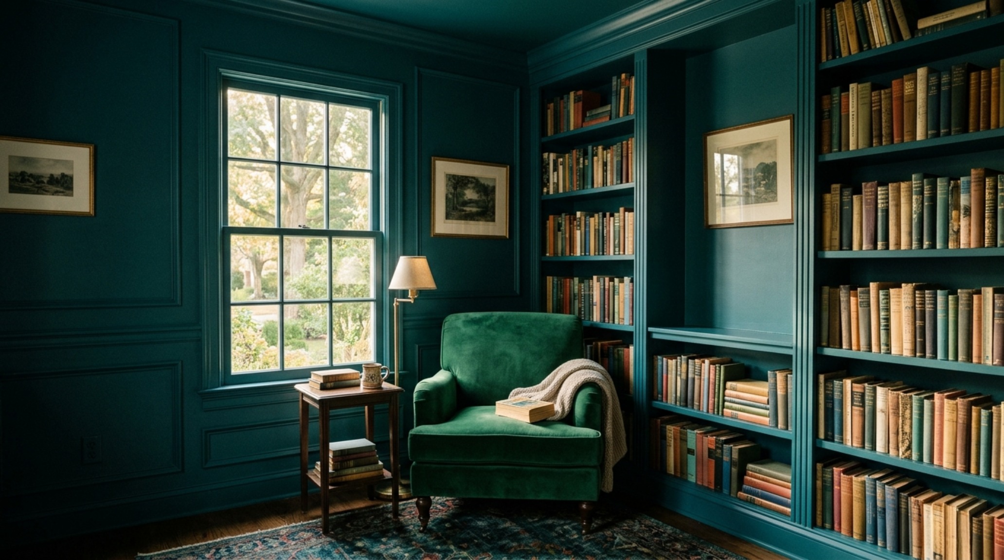 Sophisticated living room reading nook using the color drenching technique with Farrow and Ball Hague Blue on walls and ceiling.