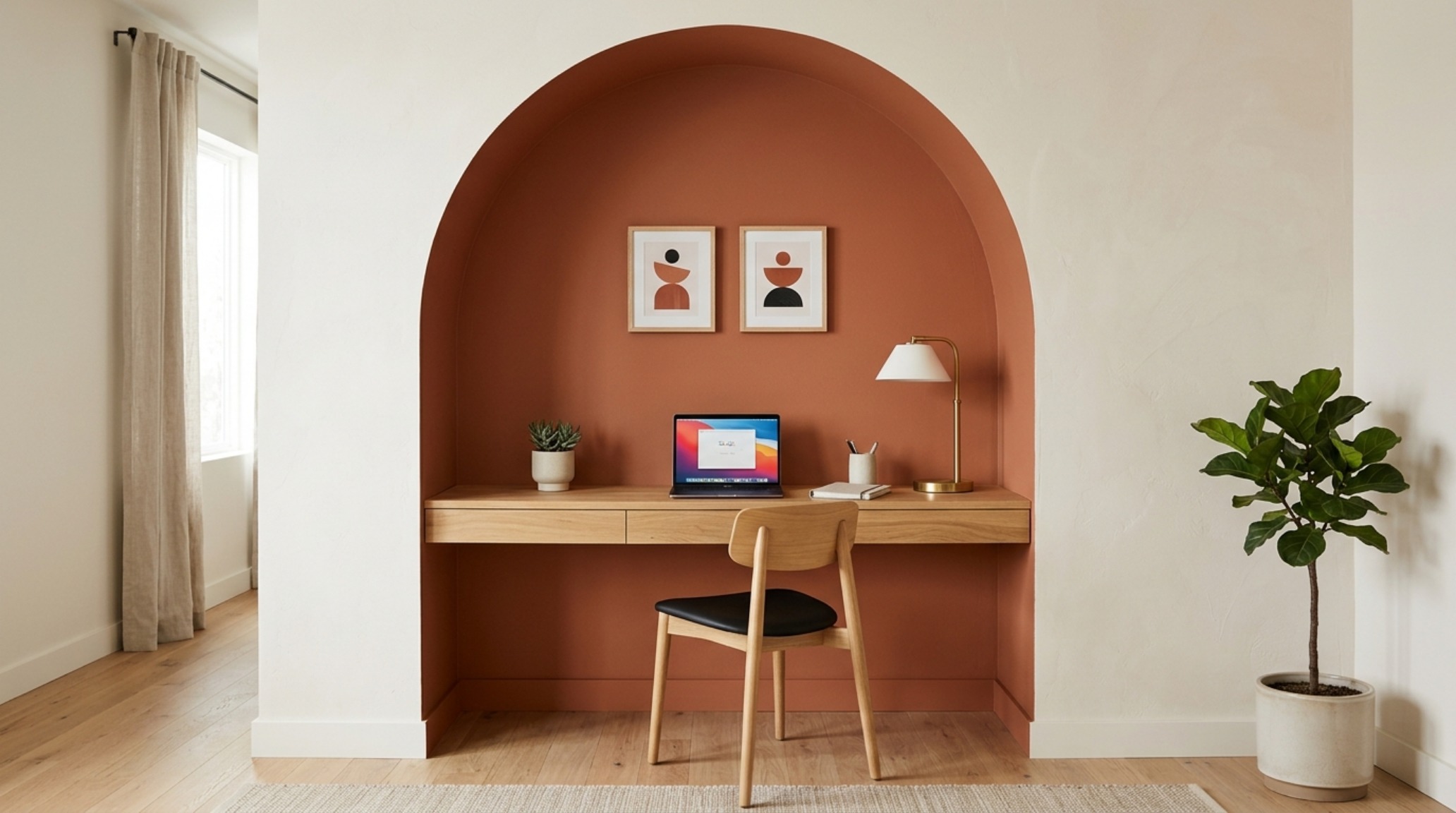 A modern home office defined by an architectural color zoning arch in terracotta against a Benjamin Moore Swiss Coffee backdrop.