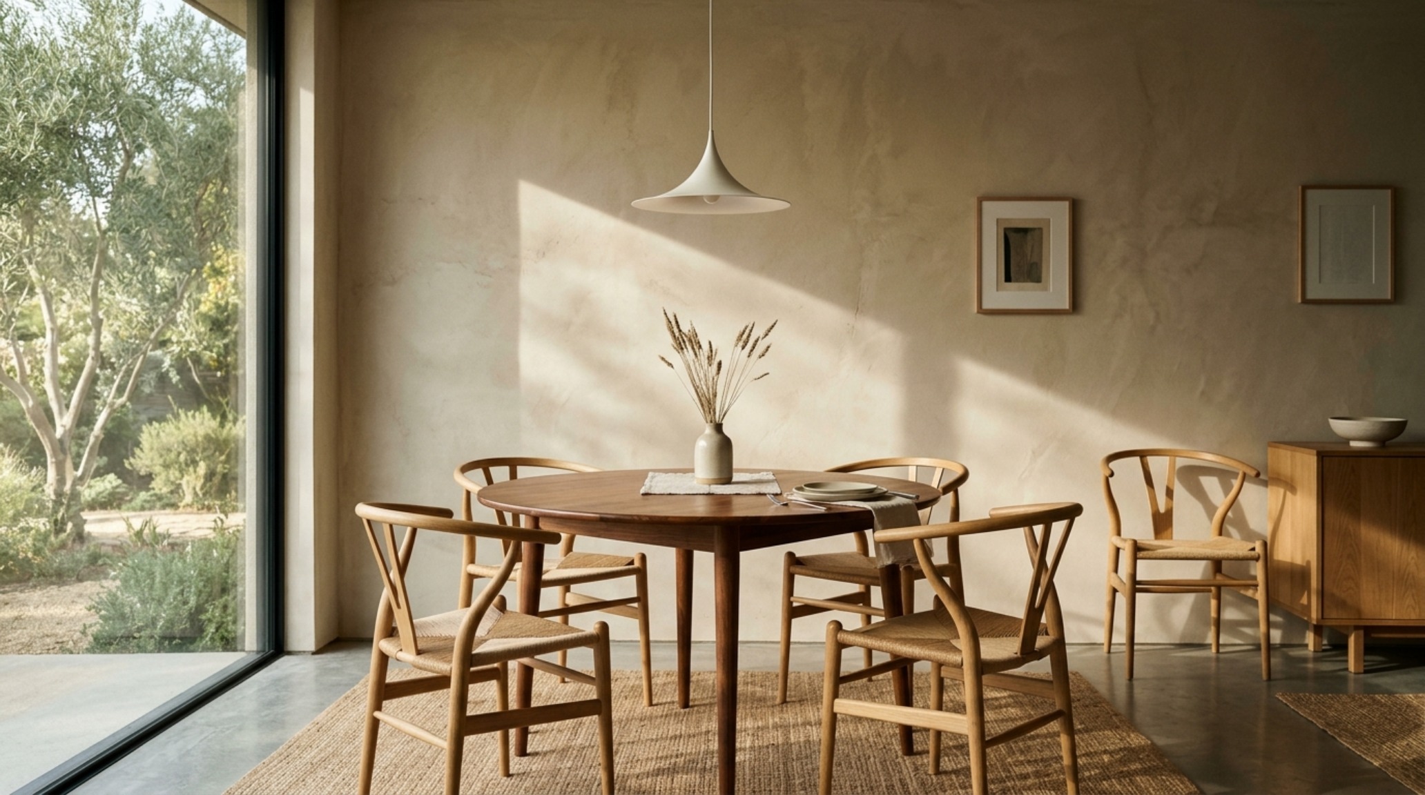 Kitchen dining area featuring organic modern limewash paint interior in a soft sand hue to create a separate dining zone.