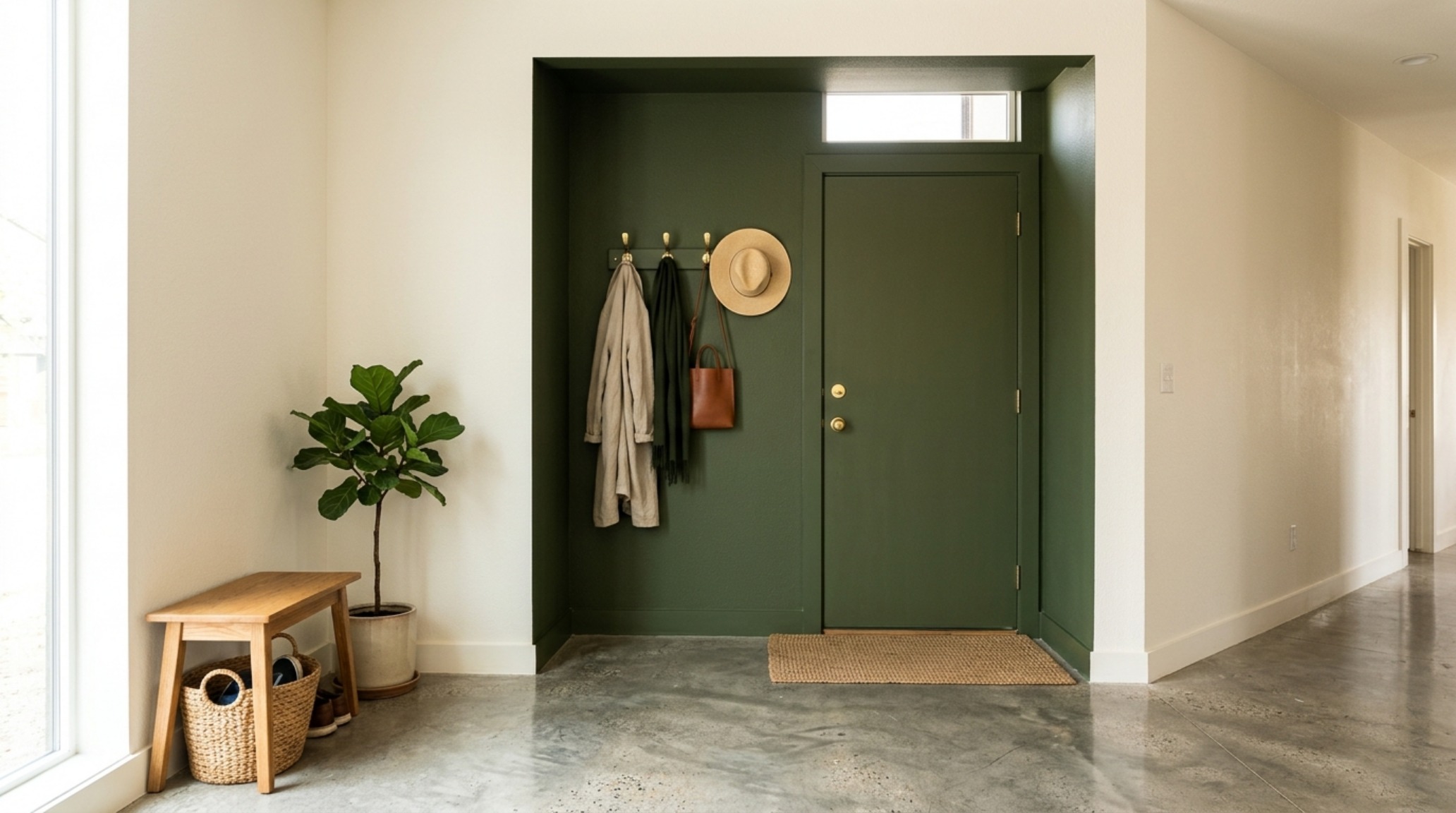 High-efficiency mudroom with a functional paint blocking portal in deep forest green for clear spatial organization.