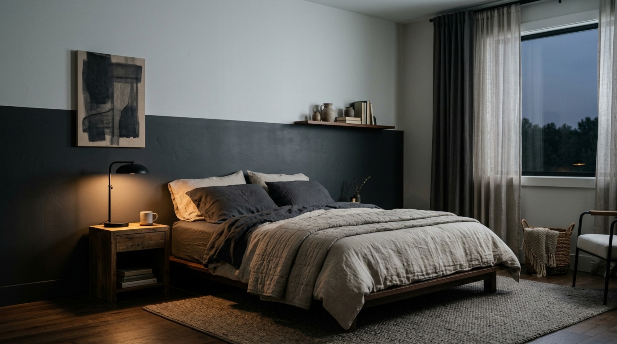 Minimalist bedroom showcasing creative paint decor ideas with a painted monochromatic headboard and warm 2700K lighting.