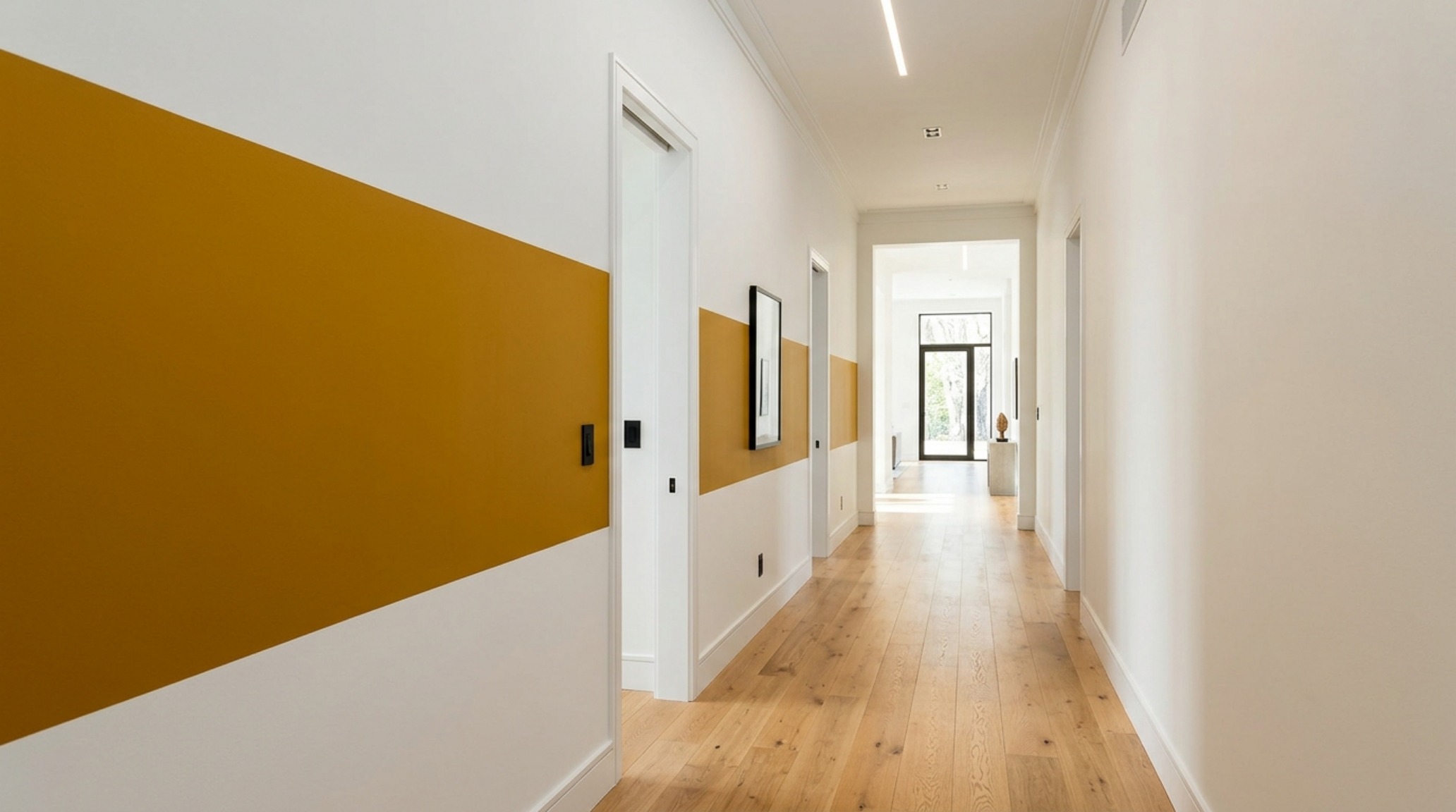 Architectural view of a hallway using biophilic green paint palettes to define circulation paths and maintain 36-inch clearances.