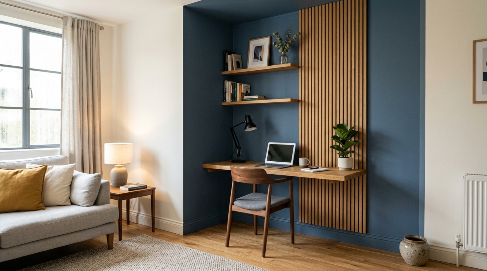 Living room interior featuring fluted white oak panels and a monochromatic color drenching guide implementation in sage green.