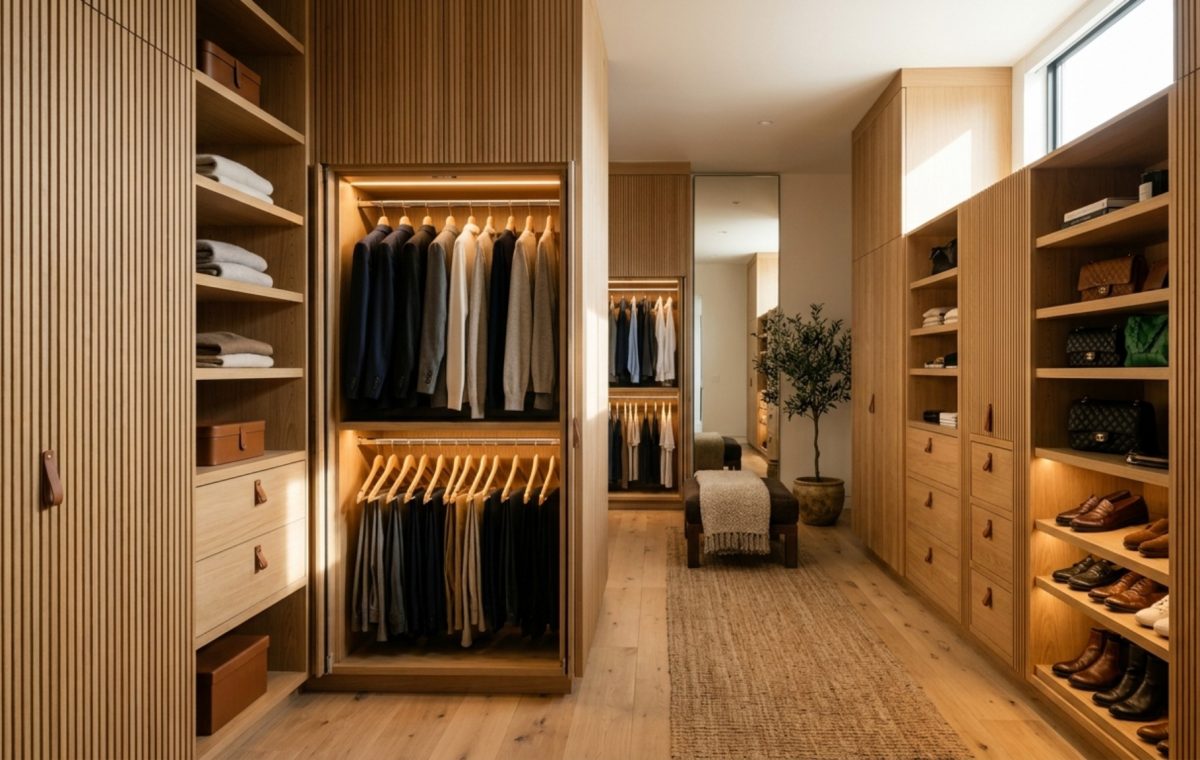 A sophisticated boutique walk in closet aesthetic featuring motorized wardrobe lifts and floor-to-ceiling fluted white oak cabinetry under warm 2700K ambient lighting.