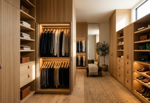 A sophisticated boutique walk in closet aesthetic featuring motorized wardrobe lifts and floor-to-ceiling fluted white oak cabinetry under warm 2700K ambient lighting.