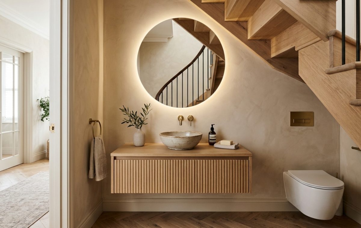 A wide-angle editorial shot of a modern powder room under stairs featuring a sleek floating vanity, a backlit circular mirror, and textured plaster walls in a warm off-white palette.