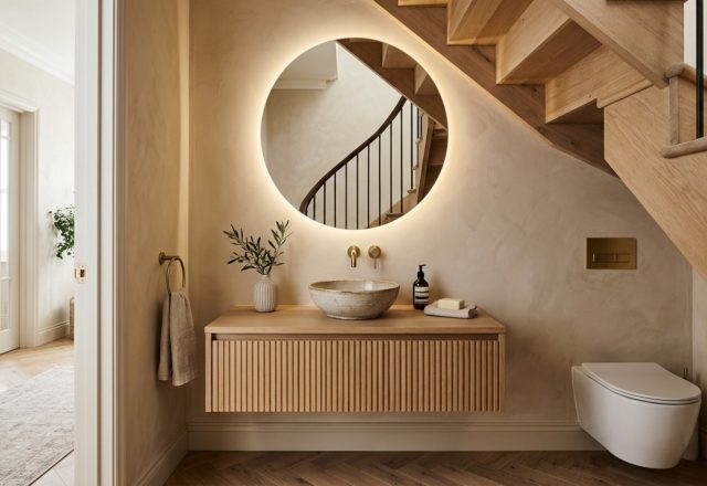A wide-angle editorial shot of a modern powder room under stairs featuring a sleek floating vanity, a backlit circular mirror, and textured plaster walls in a warm off-white palette.
