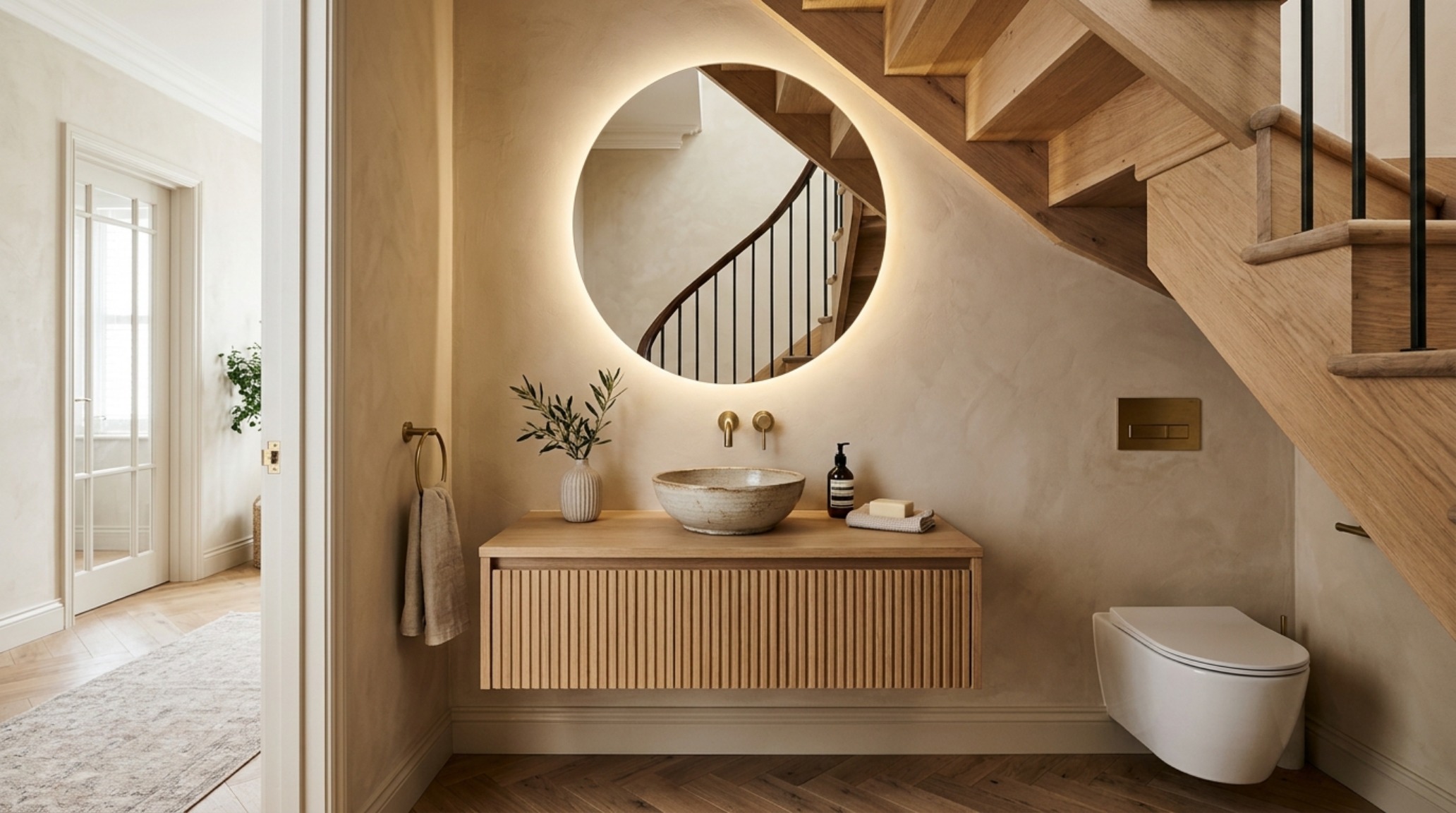 A wide-angle editorial shot of a modern powder room under stairs featuring a sleek floating vanity, a backlit circular mirror, and textured plaster walls in a warm off-white palette. A wide-angle editorial shot of a modern powder room under stairs featuring a sleek floating vanity, a backlit circular mirror, and textured plaster walls in a warm off-white palette.