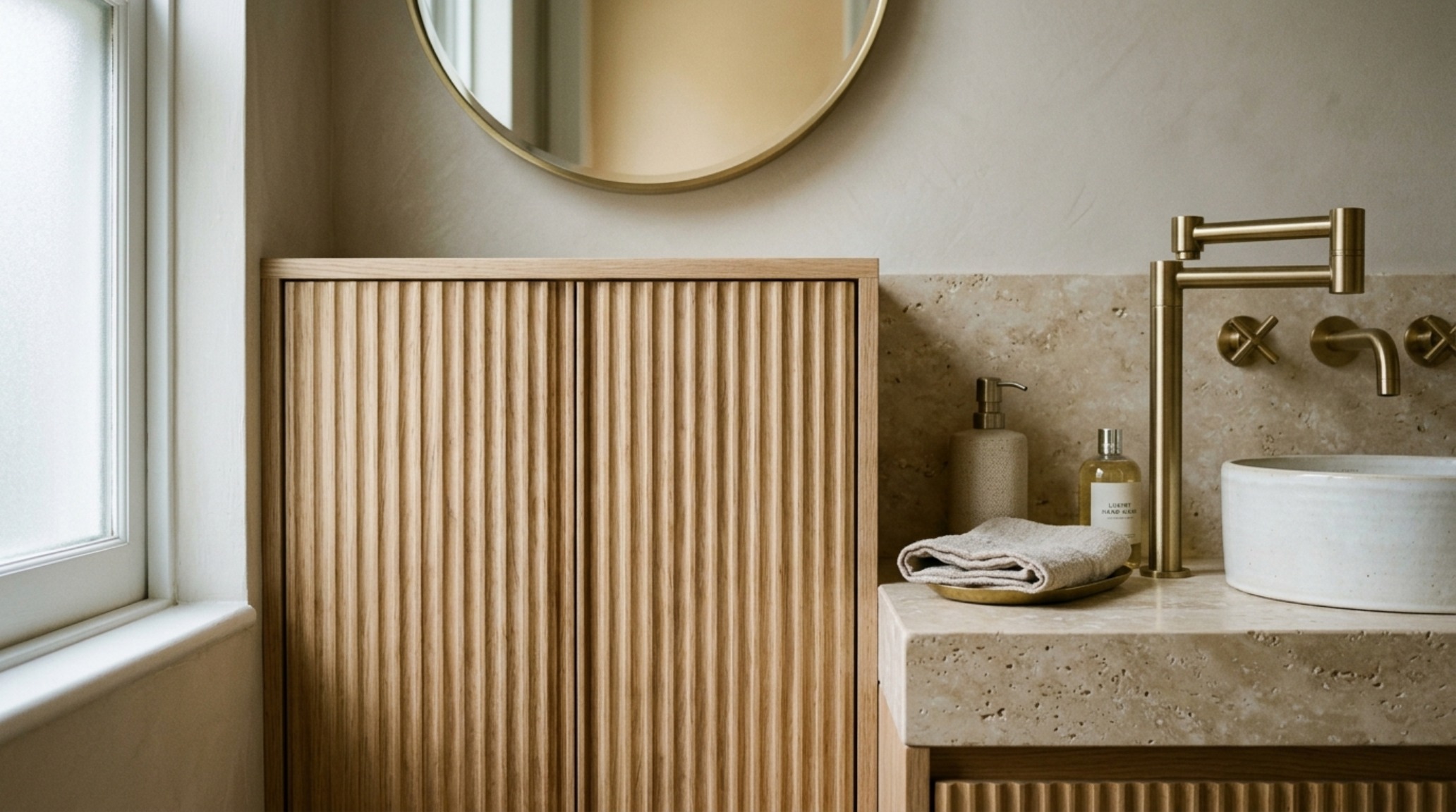 Detailed shot of tactile materials in a staircase bathroom, including fluted white oak wall panels, a solid stone sink, and a high-CRI vanity light reflecting off a polished brass mirror frame. Detailed shot of tactile materials in a staircase bathroom, including fluted white oak wall panels, a solid stone sink, and a high-CRI vanity light reflecting off a polished brass mirror frame.