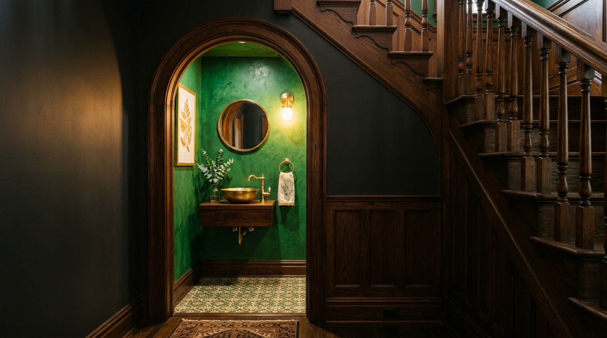 A perspective view through the open doorway of a powder room under stairs, capturing the 'Jewel Box' effect with a bold accent wall in a deep forest green plaster finish. A perspective view through the open doorway of a powder room under stairs, capturing the 'Jewel Box' effect with a bold accent wall in a deep forest green plaster finish.