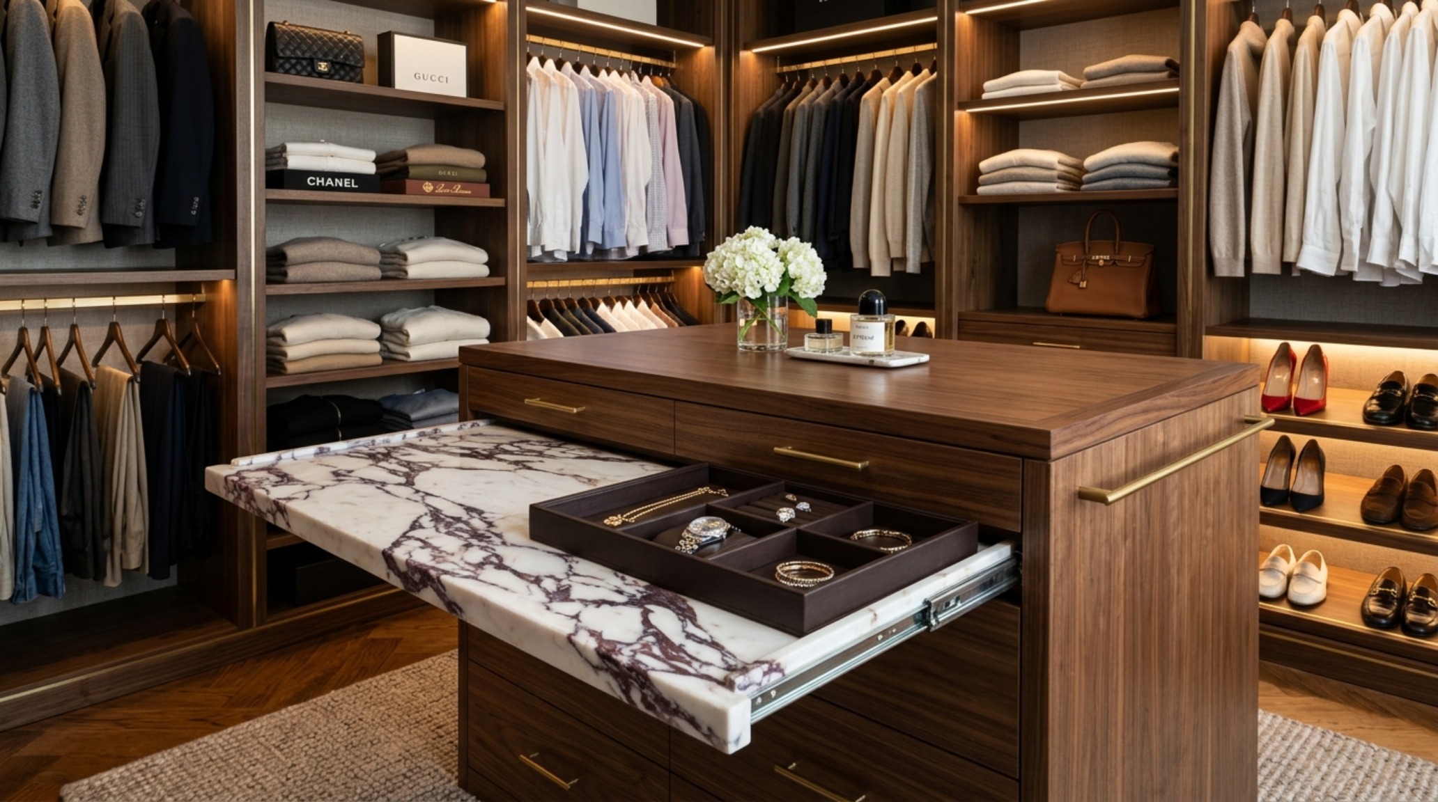 Detail view of a luxury closet organization system with a pull-out island station topped in honed Calacatta Viola marble and integrated leather-lined jewelry trays.