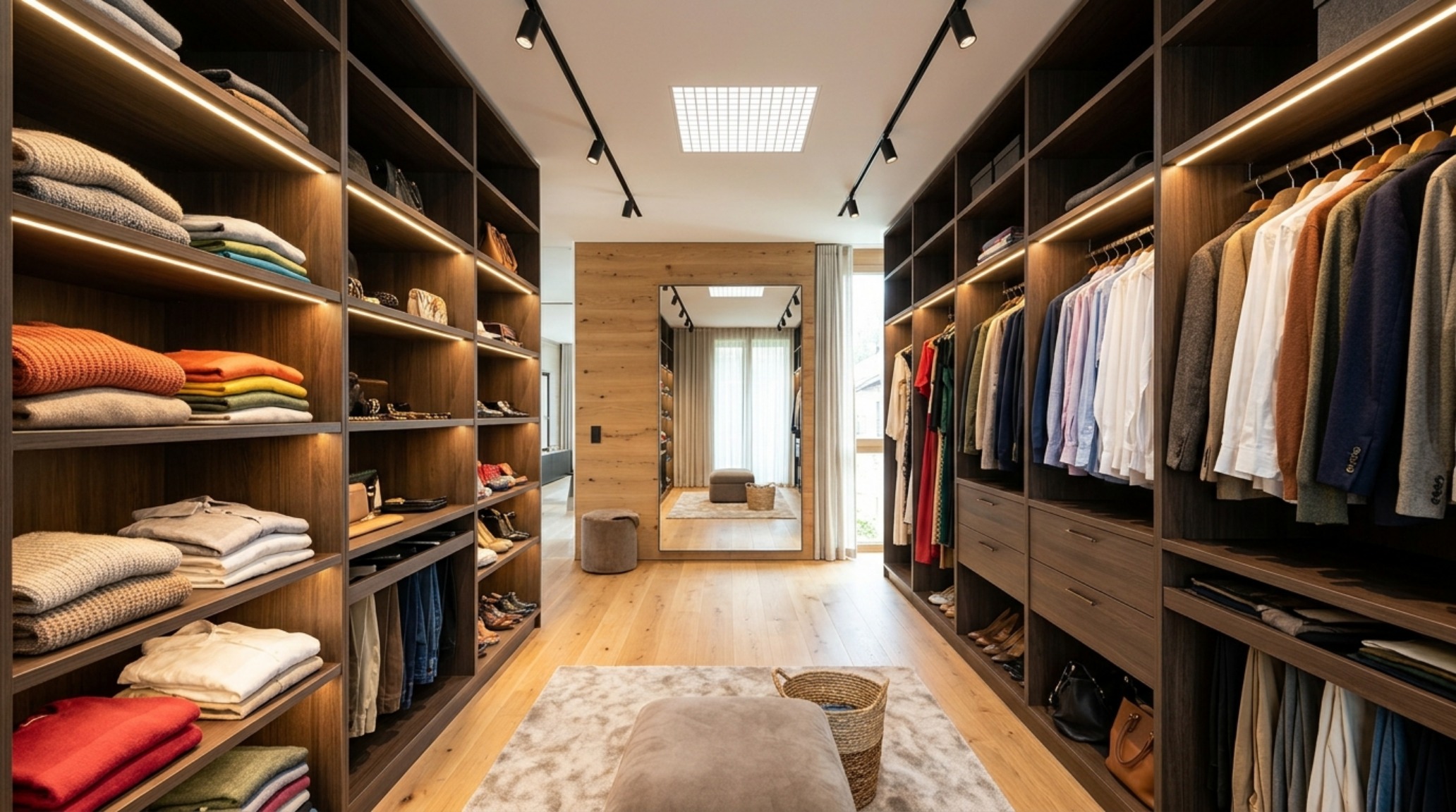 Master suite storage layout showcasing a 36-inch architectural clearance and warm minimalist lighting with high CRI 90+ LED strips highlighting textured garment displays.